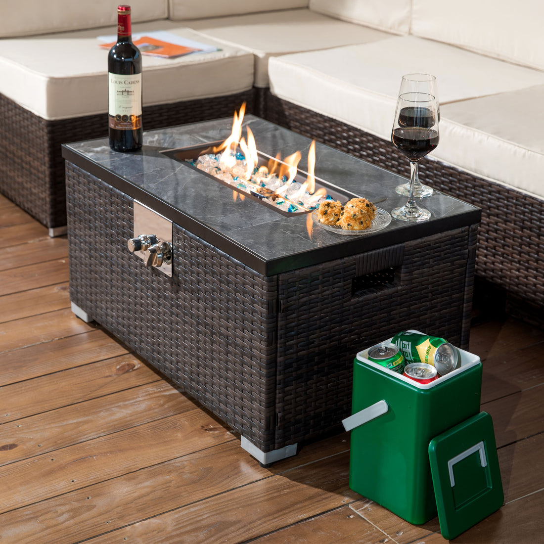 Outdoor Fire Table Propane Fire Pit Rattan Gas Fire Table, Gas Fire Table With Tile Tabletop Brown Rattan