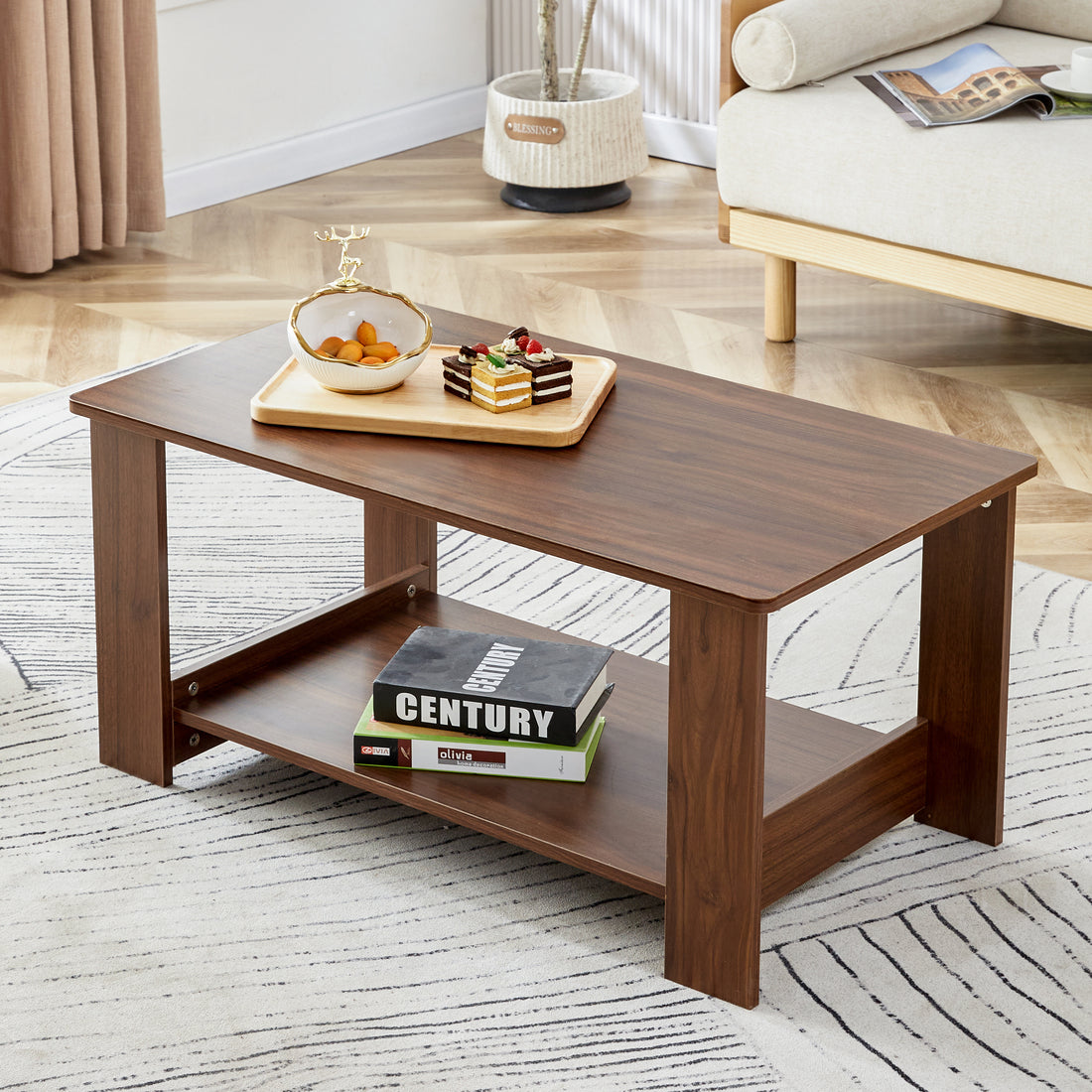 Modern Minimalist Walnut Colored Double Layered Rectangular Coffee Table ,Tea Table.Mdf Material Is More Durable,Suitable For Living Room, Bedroom, And Study Room.19.6"*35.4"*16.5" Ct 16 Walnut Mdf