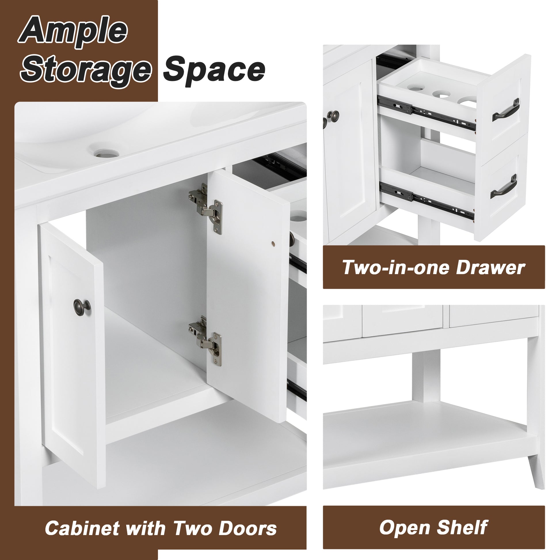 30" Bathroom Vanity With Ceramic Sink Top, Vanity Cabinet With Multi Functional Drawer, Solid Wood Legs, White White Solid Wood Mdf