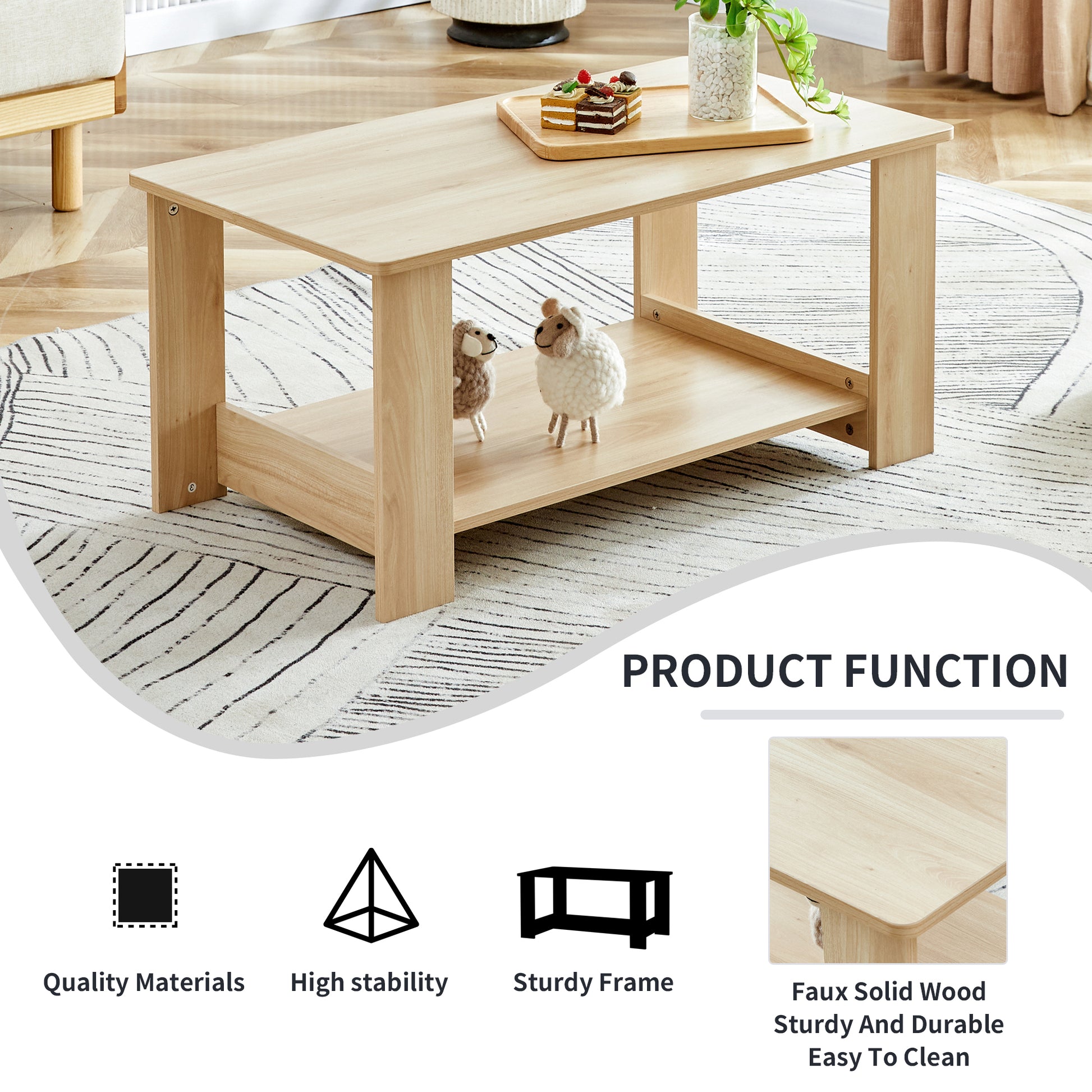 Modern Minimalist Log Colored Double Layered Rectangular Coffee Table, Tea Table.Mdf Material Is More Durable,Suitable For Living Room, Bedroom, And Study Room.35.4"*19.6"*16.5" Ct 16 Natural Wood Mdf