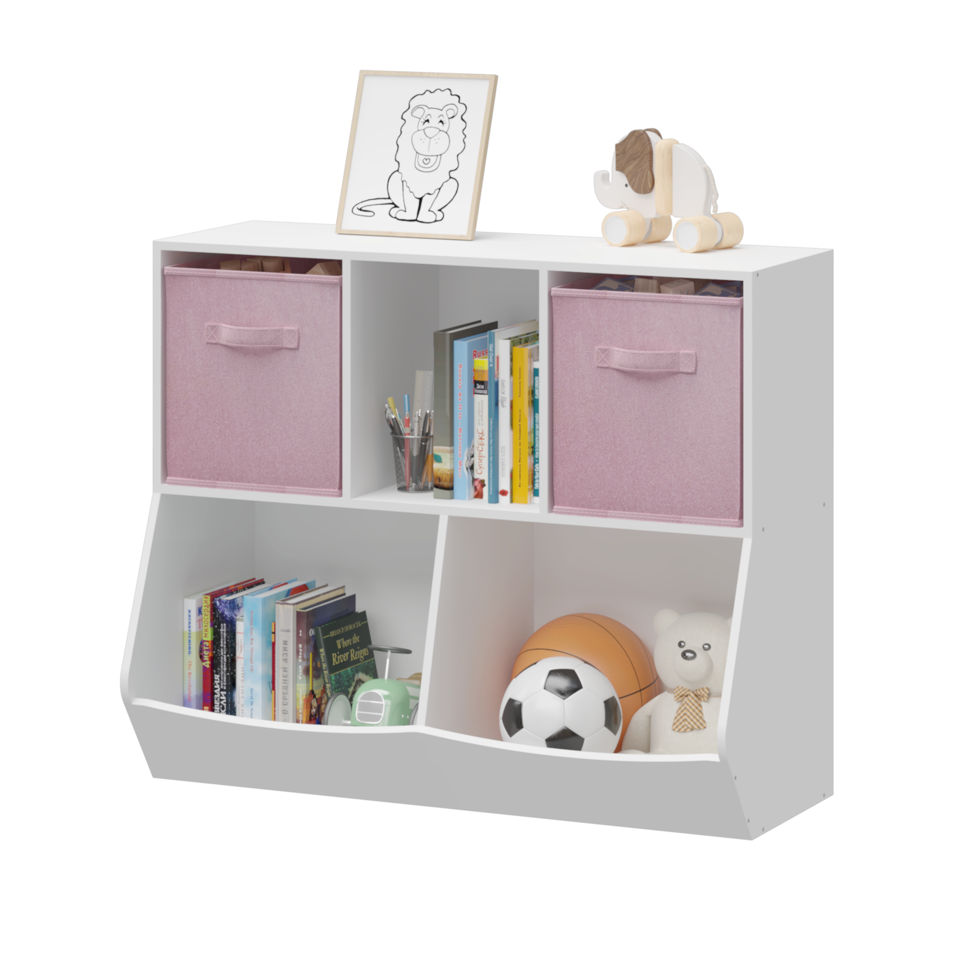 Kids Bookcase With Collapsible Fabric Drawers, Children'S Toy Storage Cabinet For Playroom, Bedroom, Nursery, School, White Pink White Pink Mdf