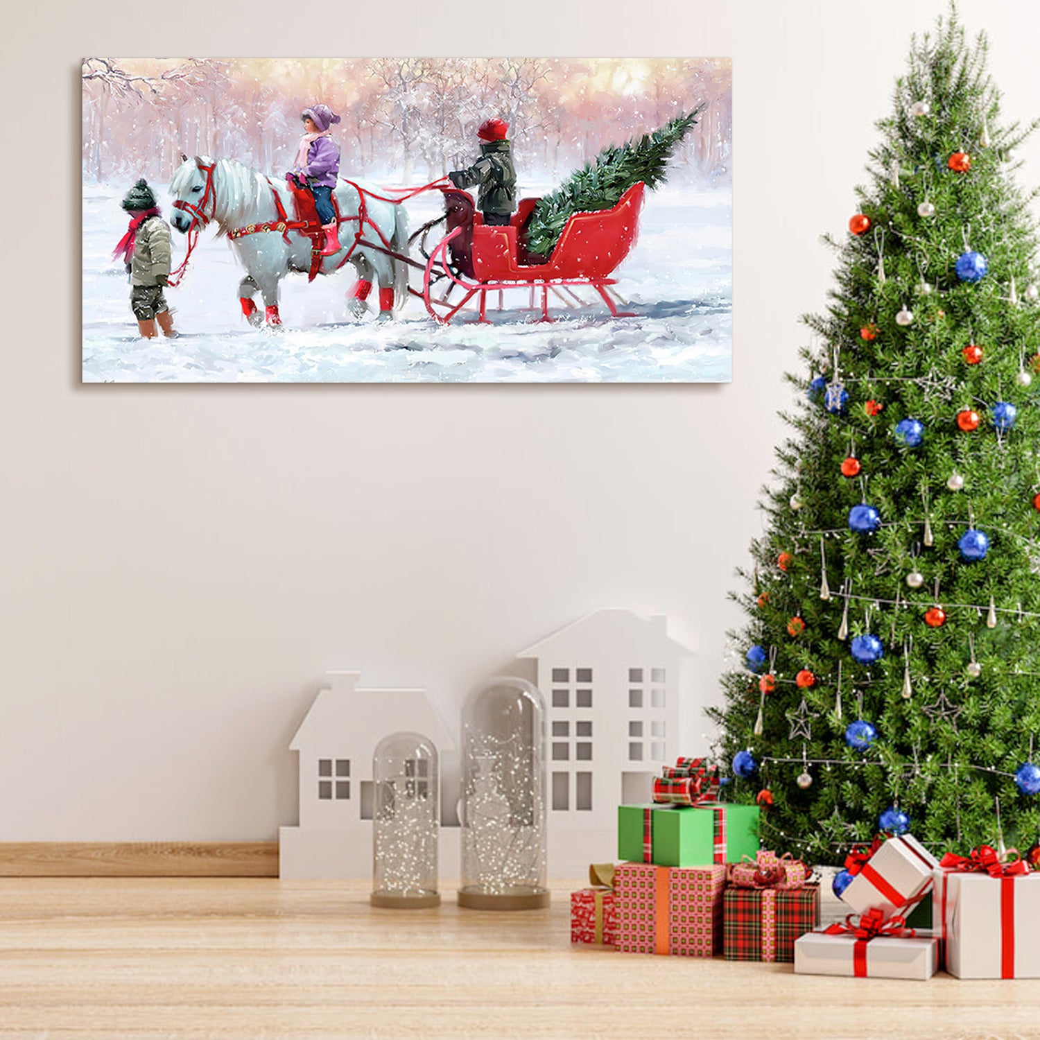 Framed Canvas Wall Art Decor Painting For Chrismas, Kids Riding White Horse Sledge Chrismas Gift Painting For Chrismas Gift, Decoration For Chrismas Eve Office Living Room, Bedroom Decor Ready To Hang Rectangle Framed Multicolor Christmas Medium 25In