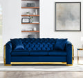 Velvet Luxury Chesterfield Sofa Set, 84 Inches Tufted 3 Seat Couch With Gold Stainless For Living Room, Navy Blue Fabric Navy Blue Velvet Wood Primary Living Space Medium Soft Tufted Back European Rolled Arms Foam Wood Stainless Steel 3 Seat