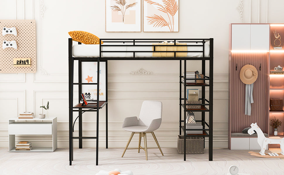 Twin Size Loft Metal Bed With 3 Layers Of Shelves And Desk, Stylish Metal Frame Bed With Whiteboard, Black Black Metal