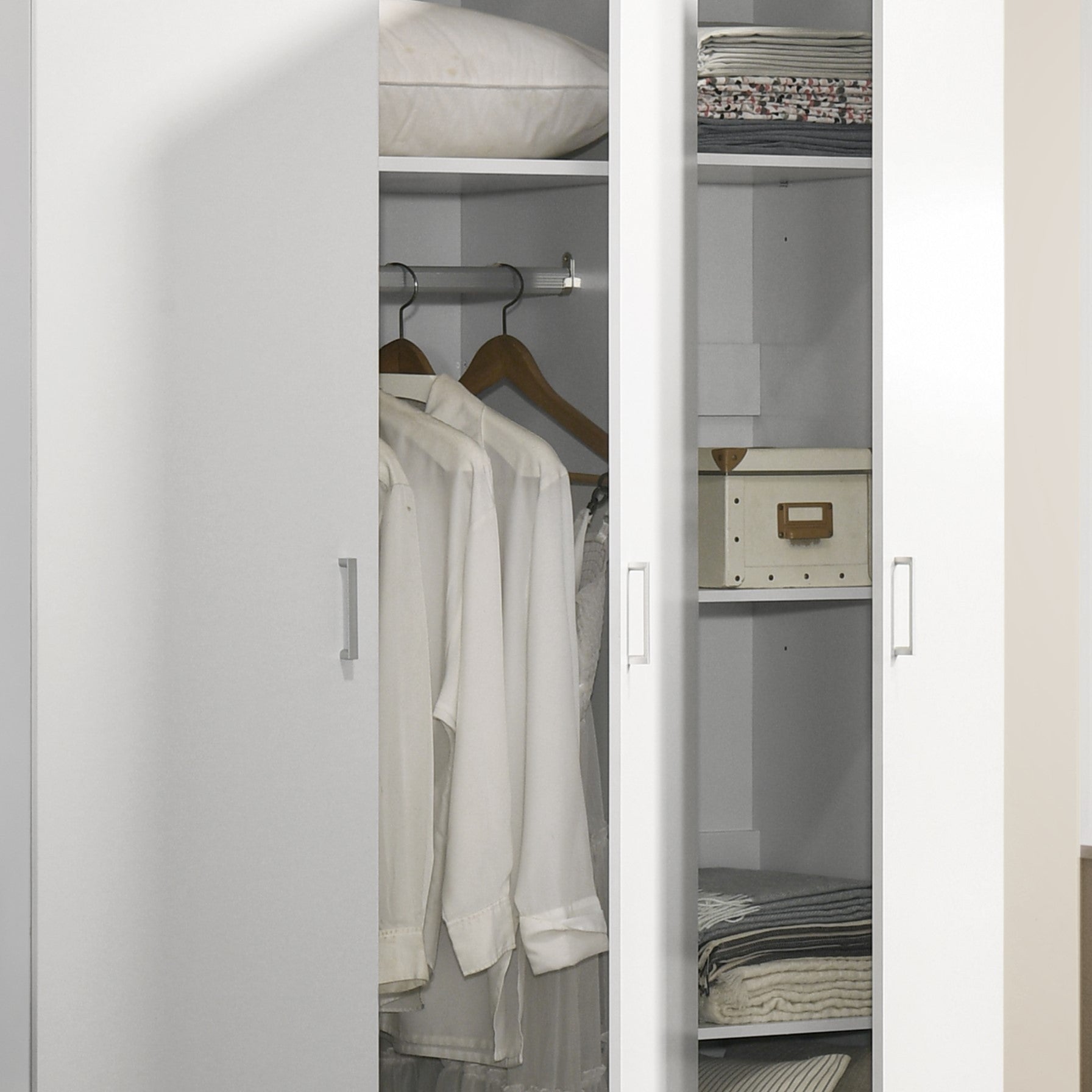 Declan 46" White 3 Door Wardrobe Cabinet Armoire With Storage Shelves And Hanging Rod White Wood