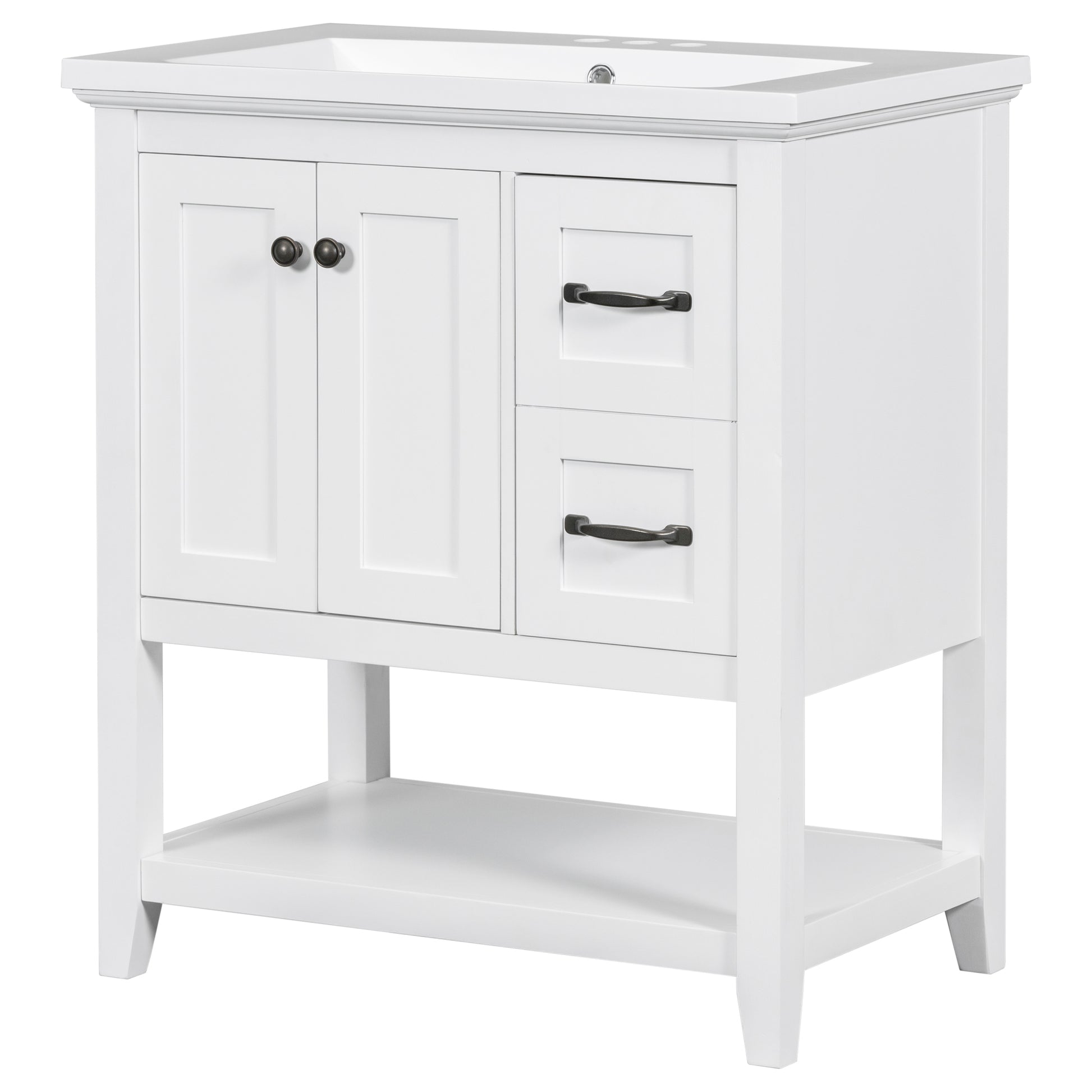 30" Bathroom Vanity With Ceramic Sink Top, Vanity Cabinet With Multi Functional Drawer, Solid Wood Legs, White White Solid Wood Mdf