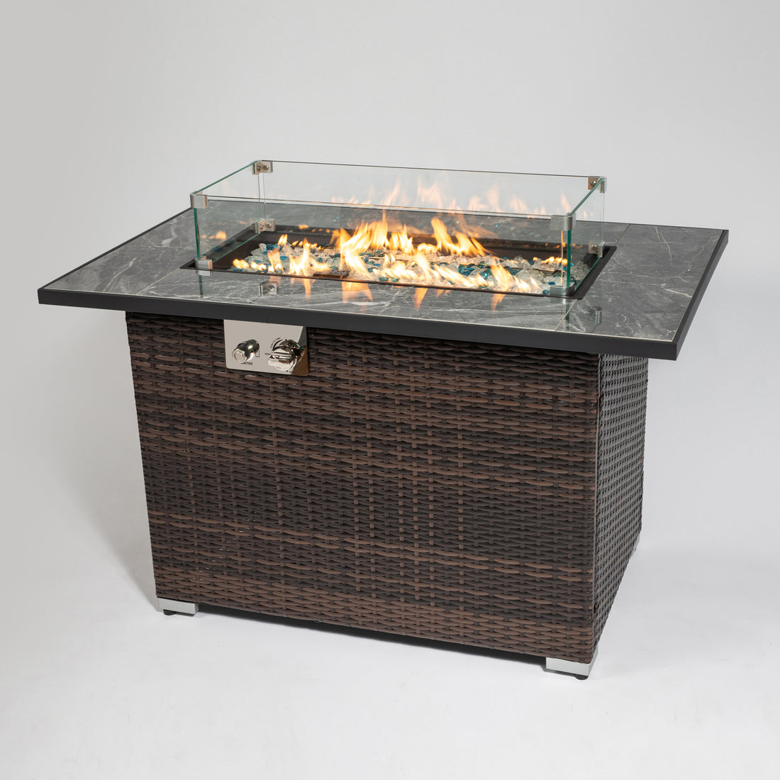 44Inch Outdoor Fire Pit Table, Propane Fire Table With Ceramic Tabletop Gas Fire Table Espresso Wicker