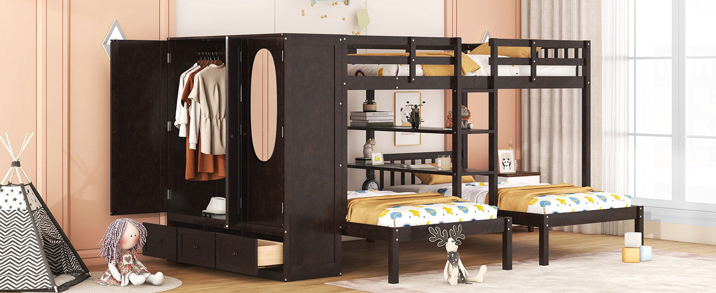 Full Over Twin Twin Bunk Bed With Shelves, Wardrobe And Mirror, Espresso Espresso Solid Wood Mdf