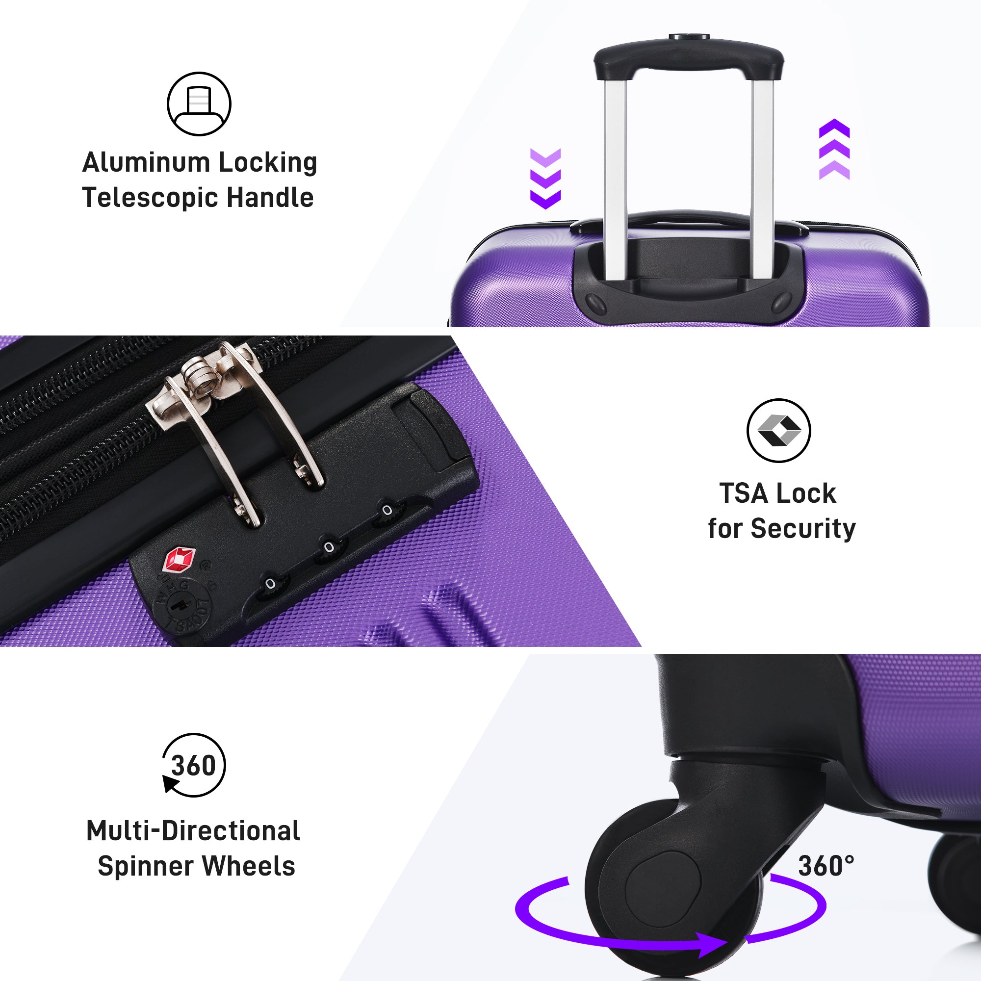 Hardshell Luggage Sets 2Pcs Bag Spinner Suitcase with purple-abs