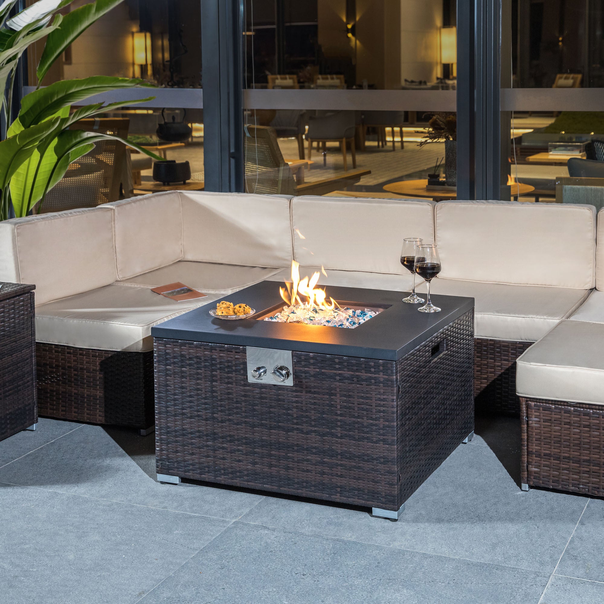 Outdoor Gas Fire Pit Square Dark Brown Wicker Fire Pit Table Propane Fire Table With Glass Rocks Brown Wicker