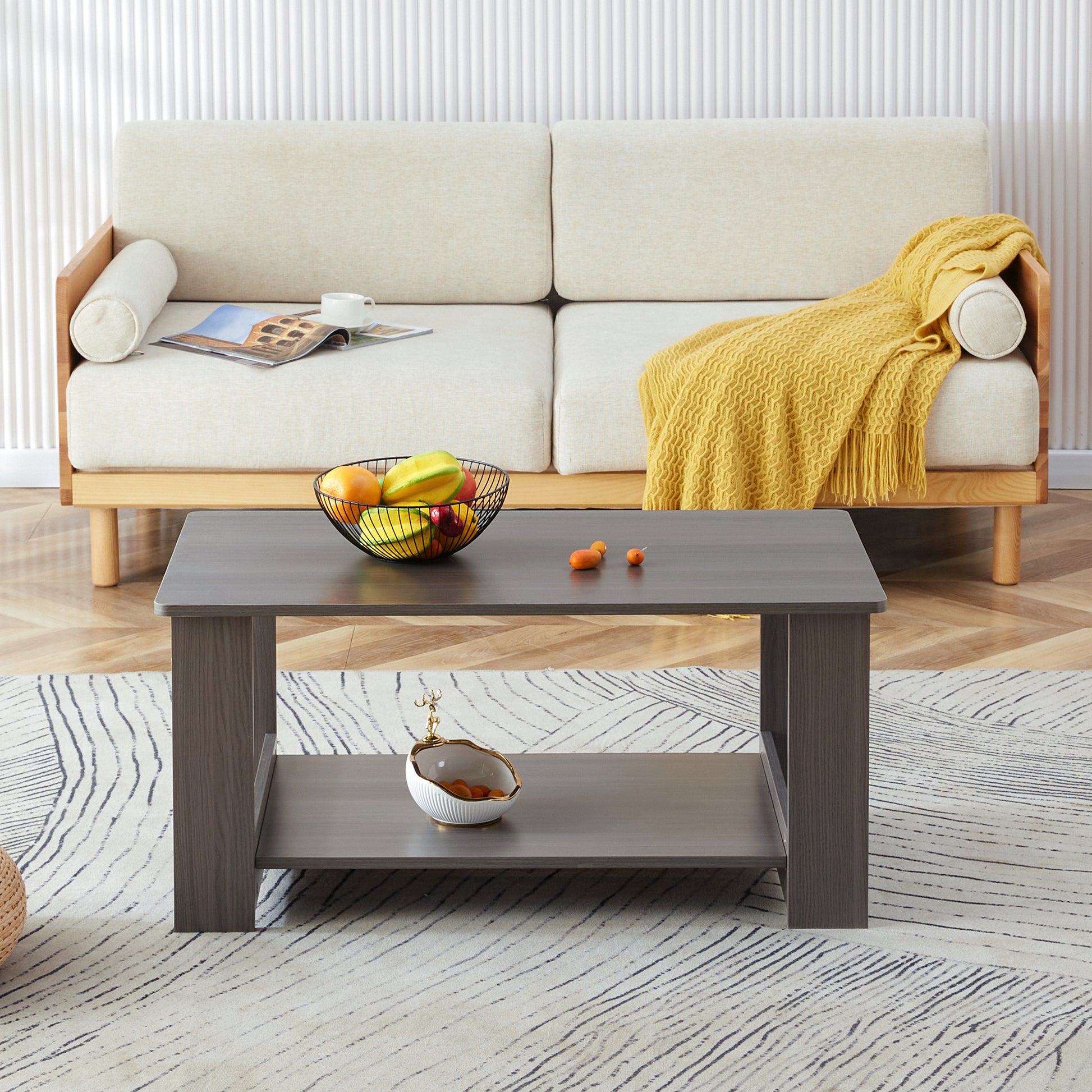 Modern Minimalist Gray Wood Grain Double Layered Rectangular Coffee Table,Tea Table.Mdf Material Is More Durable,Suitable For Living Room, Bedroom, And Study Room.19.6"*35.4"*16.5" Ct 16 Gray Mdf