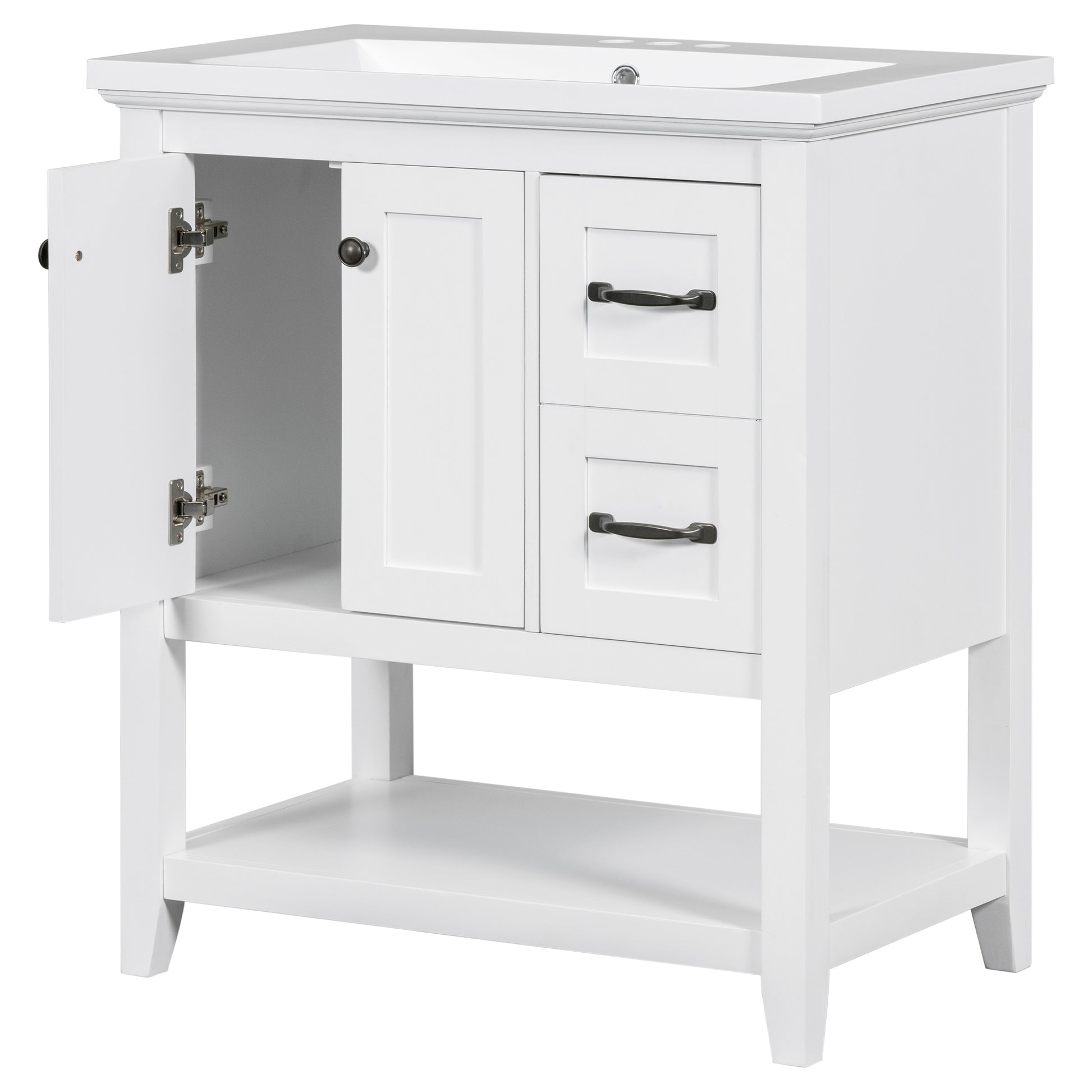 30" Bathroom Vanity With Ceramic Sink Top, Vanity Cabinet With Multi Functional Drawer, Solid Wood Legs, White White Solid Wood Mdf