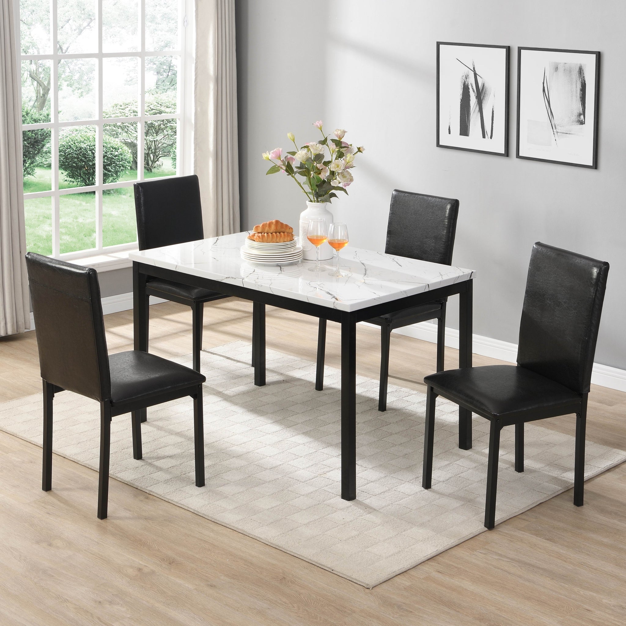 5pc Dining Set White Faux Marble Top Table and 4x Side black white-seats 4-metal-dining