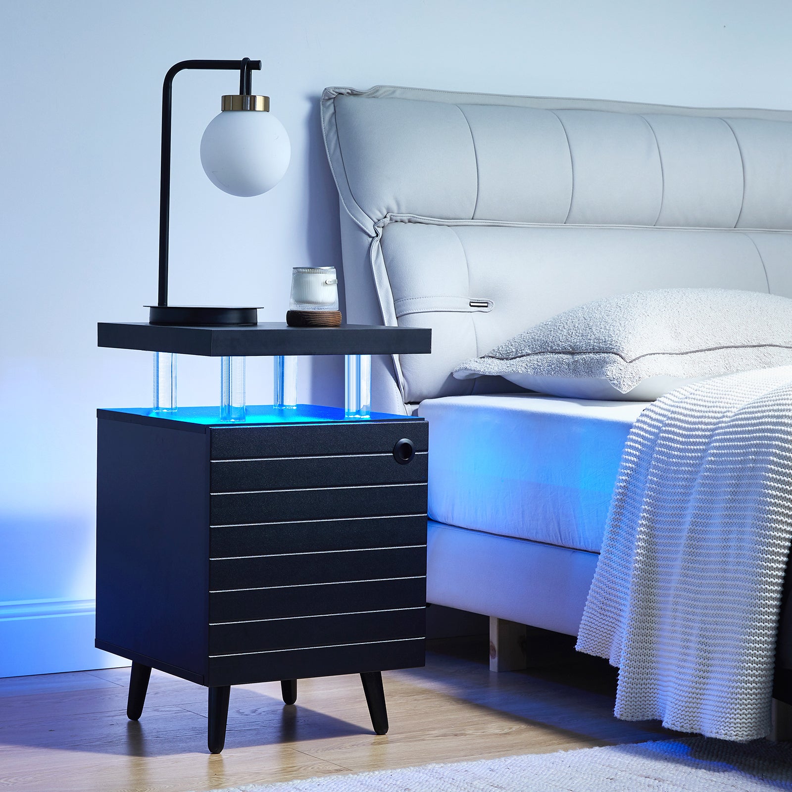 Led Nightstand Led Bedside Table End Tables Living Room With 4 Acrylic Columns, Bedside Table With Drawers For Bedroom Black White White 2 Drawers Bedroom With Legs American Design,American Traditional,Casual,Classic,Modern Oak Storage Walnut Acrylic