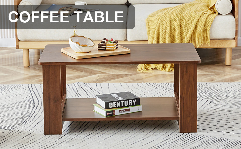 Modern Minimalist Walnut Colored Double Layered Rectangular Coffee Table ,Tea Table.Mdf Material Is More Durable,Suitable For Living Room, Bedroom, And Study Room.19.6"*35.4"*16.5" Ct 16 Walnut Mdf