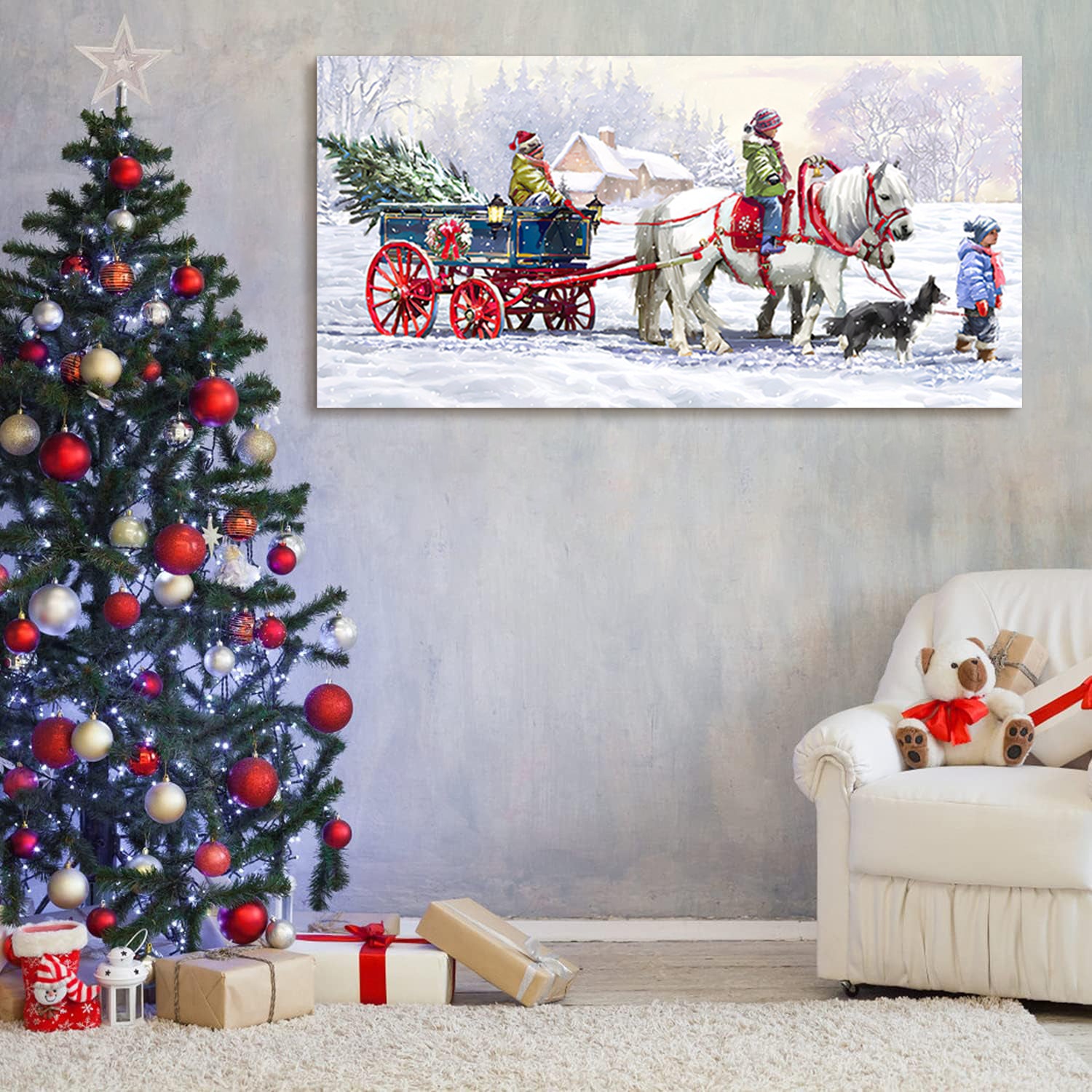 Framed Canvas Wall Art Decor Painting For Chrismas, Kids Riding White Horse Sledge Chrismas Gift Painting For Chrismas Gift, Decoration For Chrismas Eve Office Living Room, Bedroom Decor Ready To Hang Rectangle Framed Multicolor Christmas Medium 25In