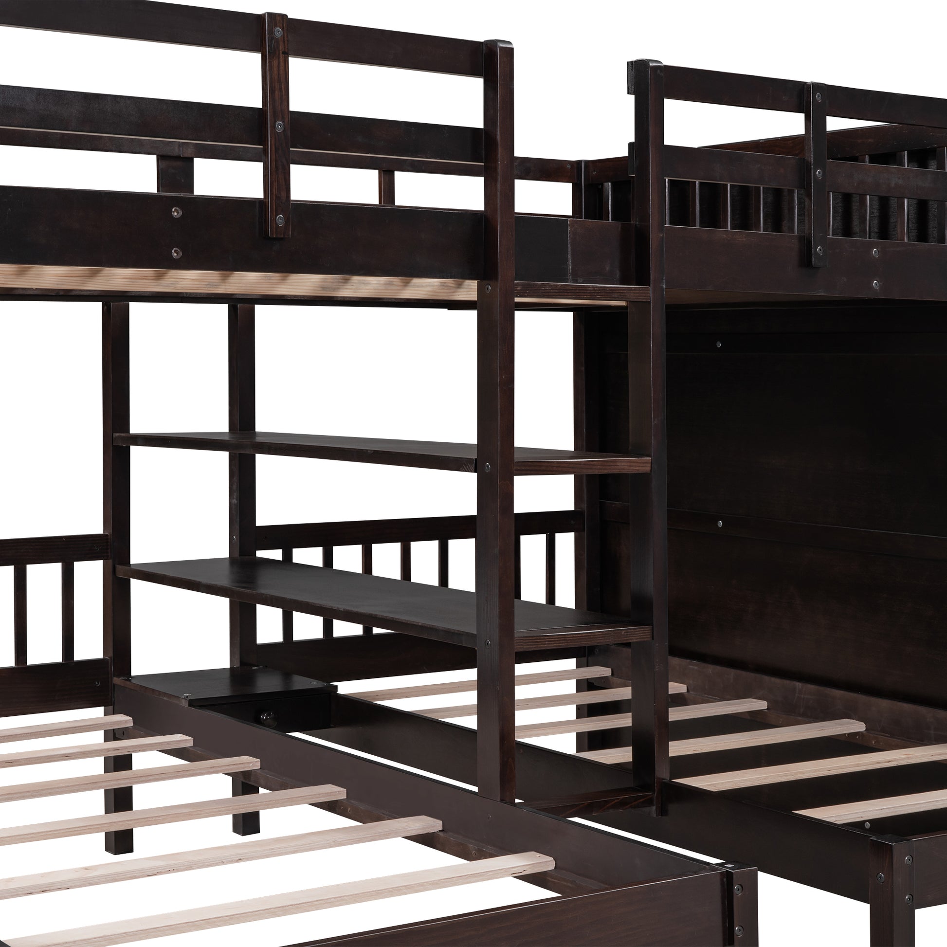 Full Over Twin Twin Bunk Bed With Shelves, Wardrobe And Mirror, Espresso Espresso Solid Wood Mdf