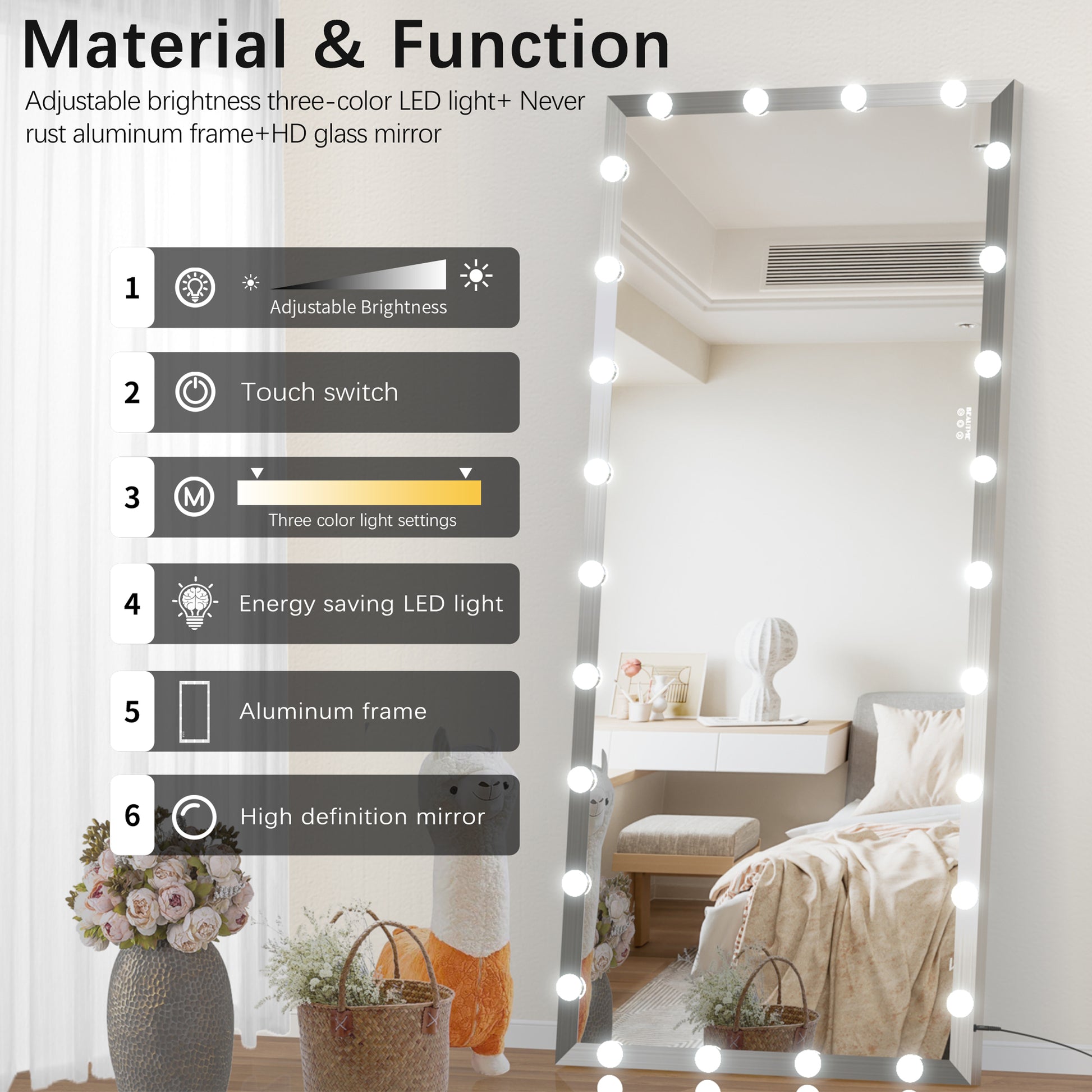 Hollywood Full Length Mirror With Lights Oversized Full Body Vanity Mirror With 3 Color Modes Lighted Large Standing Floor Mirror For Dressing Room Bedroom Hotel Touch Control,Silver,72X32 Inch Silver Aluminium