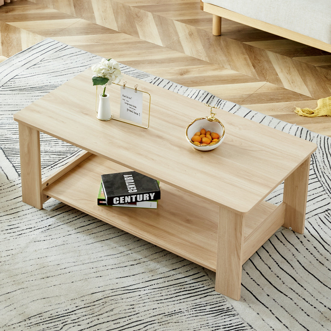 A Modern And Practical Log Colored Textured Coffee Table,Tea Table. The Double Layer Coffee Table Is Made Of Mdf Material. Suitable For Living Room 43.3"*21.6"*16.5" Natural Wood Mdf