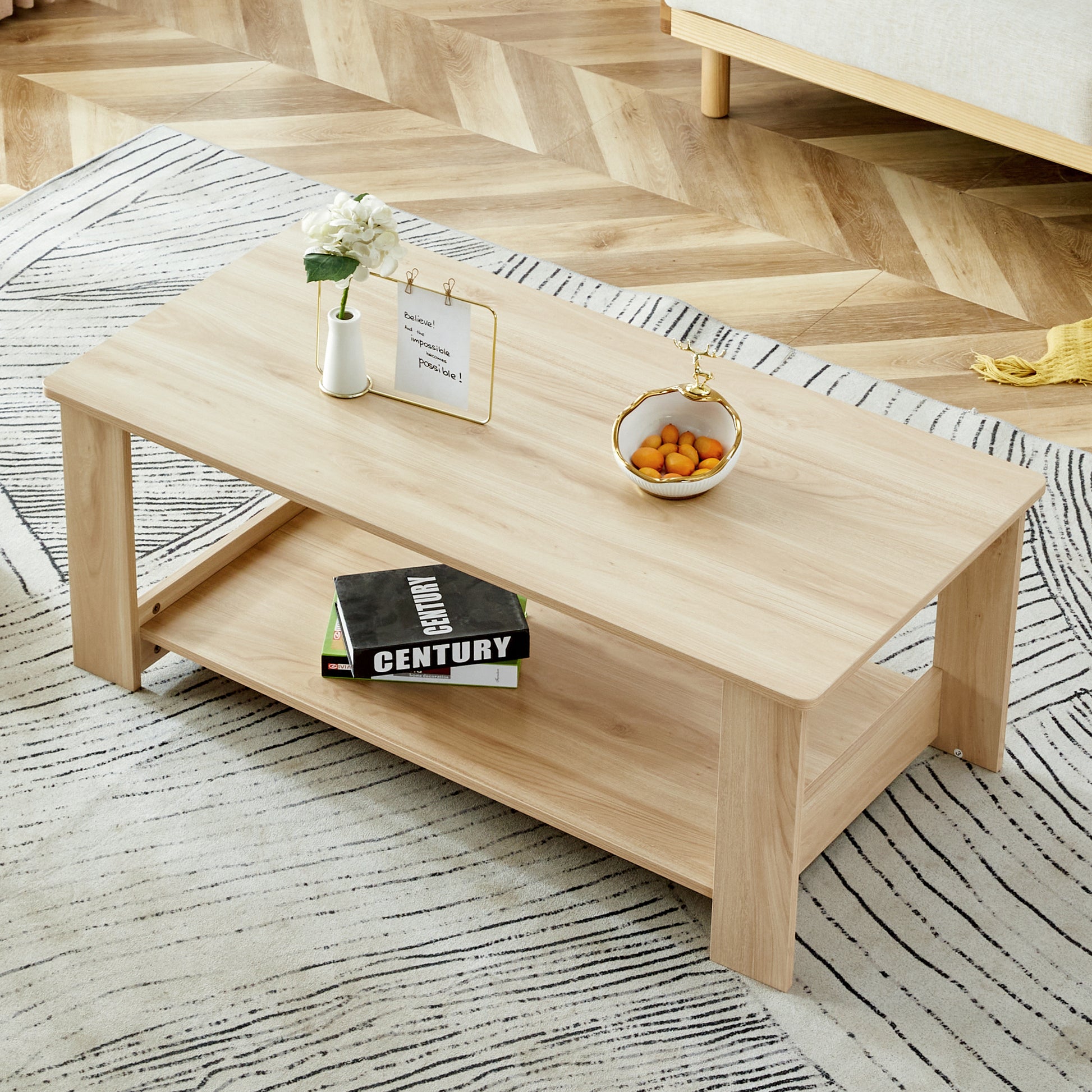 A Modern And Practical Log Colored Textured Coffee Table,Tea Table. The Double Layer Coffee Table Is Made Of Mdf Material. Suitable For Living Room 43.3"*21.6"*16.5" Natural Wood Mdf