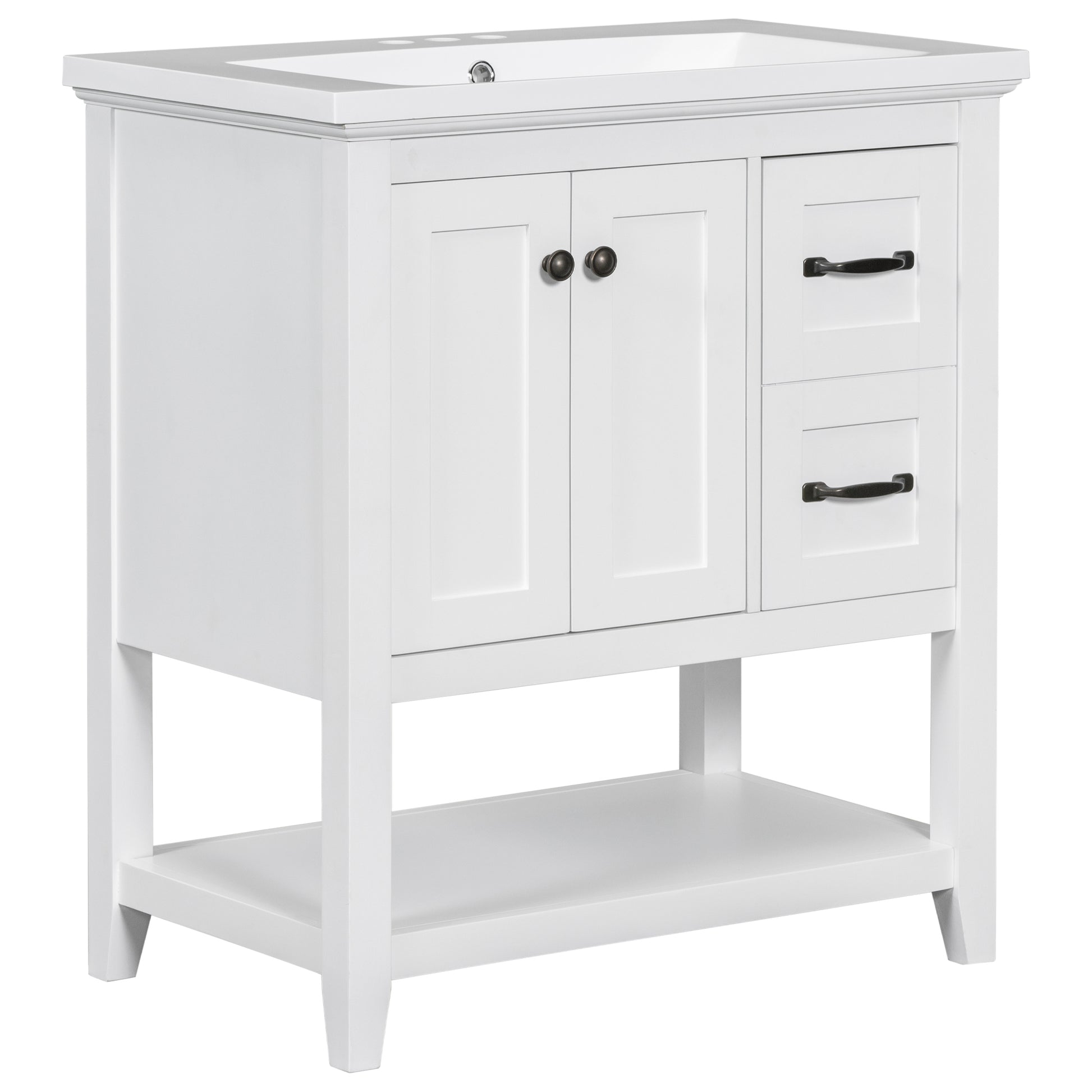 30" Bathroom Vanity With Ceramic Sink Top, Vanity Cabinet With Multi Functional Drawer, Solid Wood Legs, White White Solid Wood Mdf