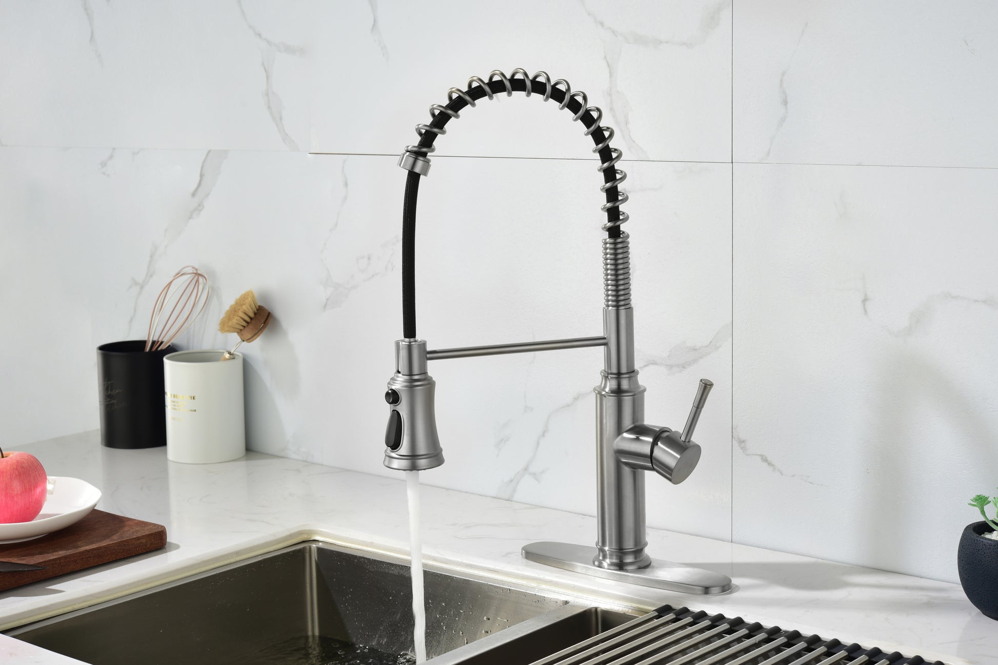 Pull Down Single Handle Spring Kitchen Faucet Brushed Nickel Stainless Steel