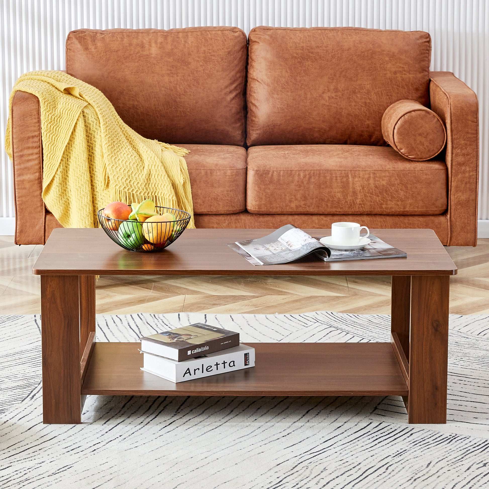 Modern And Practical Walnut Textured Coffee Tablestea Tables. The Double Layered Coffee Table Is Made Of Mdf Material. Suitable For Living Room 43.3"*21.6"*16.5" Ct 16 Walnut Mdf