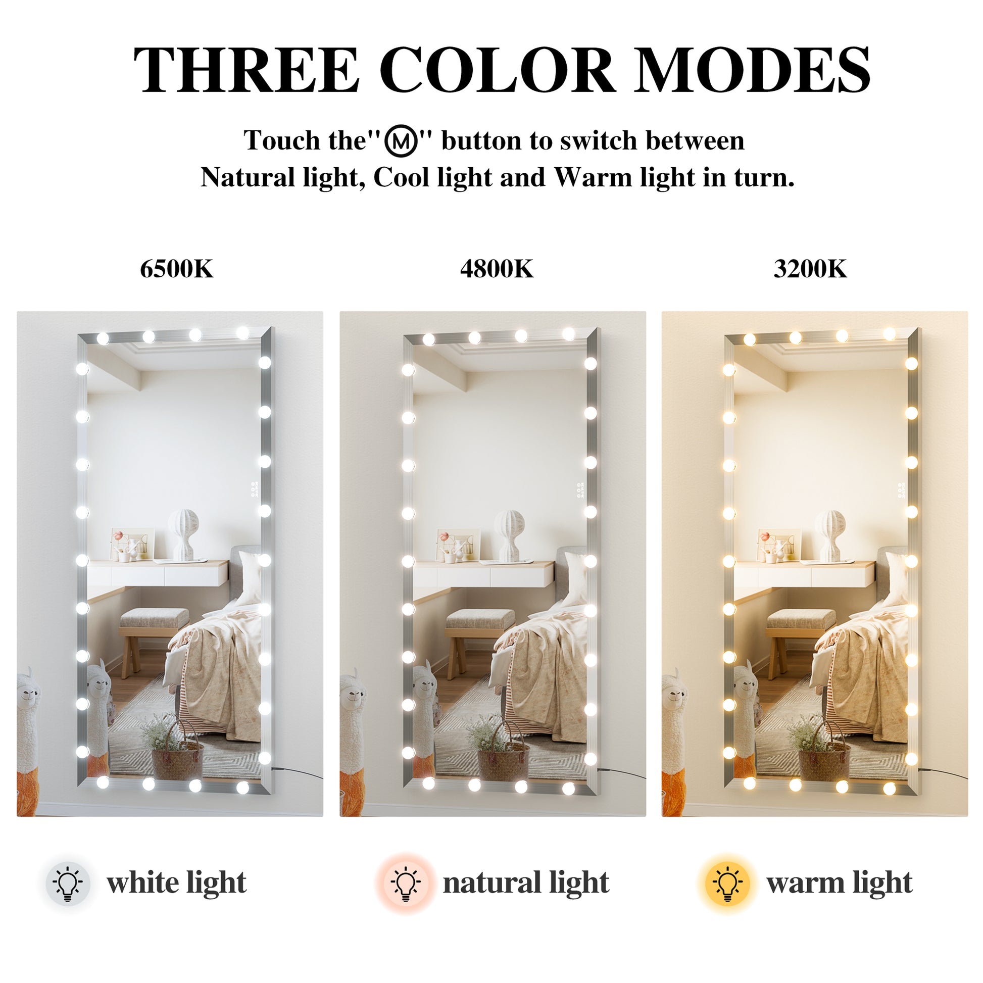 Hollywood Full Length Mirror With Lights Oversized Full Body Vanity Mirror With 3 Color Modes Lighted Large Standing Floor Mirror For Dressing Room Bedroom Hotel Touch Control,Silver,72X32 Inch Silver Aluminium