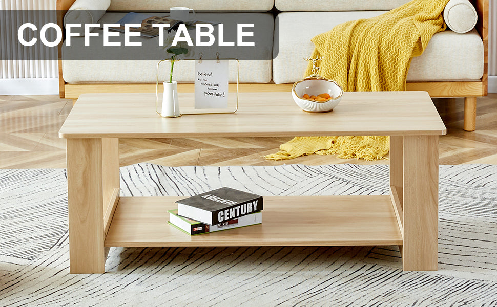 A Modern And Practical Log Colored Textured Coffee Table,Tea Table. The Double Layer Coffee Table Is Made Of Mdf Material. Suitable For Living Room 43.3"*21.6"*16.5" Natural Wood Mdf