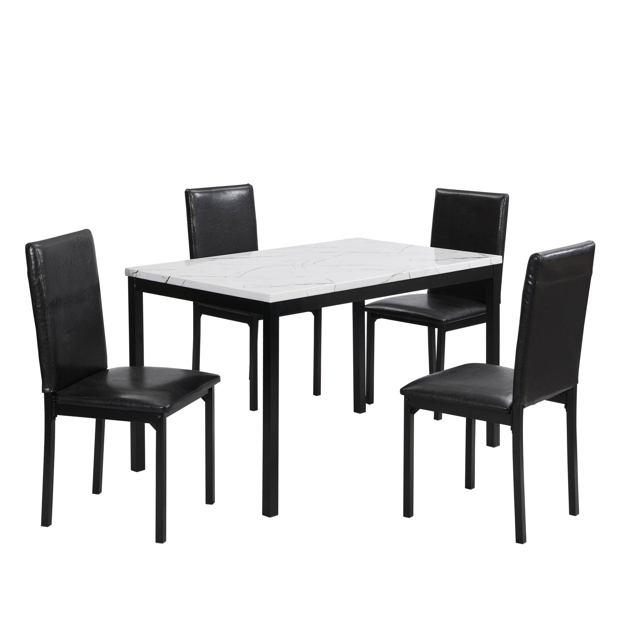 5pc Dining Set White Faux Marble Top Table and 4x Side black white-seats 4-metal-dining