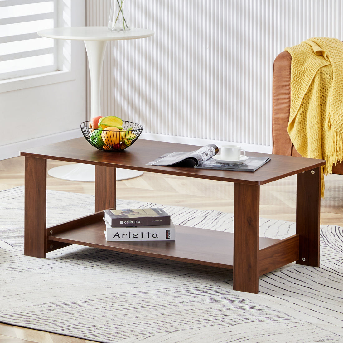 Modern And Practical Walnut Textured Coffee Tablestea Tables. The Double Layered Coffee Table Is Made Of Mdf Material. Suitable For Living Room 43.3"*21.6"*16.5" Ct 16 Walnut Mdf