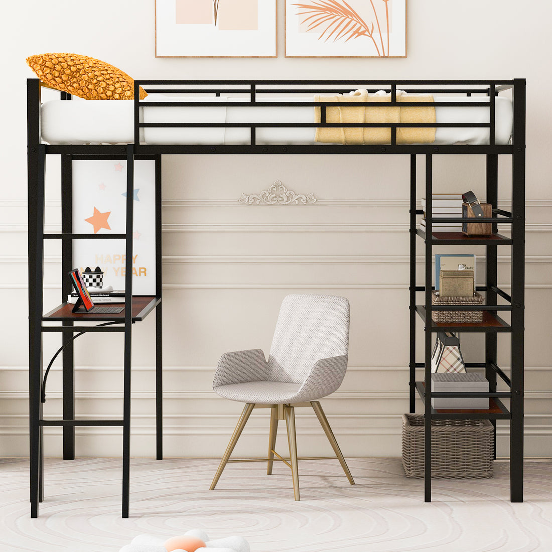 Twin Size Loft Metal Bed With 3 Layers Of Shelves And Desk, Stylish Metal Frame Bed With Whiteboard, Black Black Metal