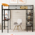 Twin Size Loft Metal Bed With 3 Layers Of Shelves And Desk, Stylish Metal Frame Bed With Whiteboard, Black Black Metal