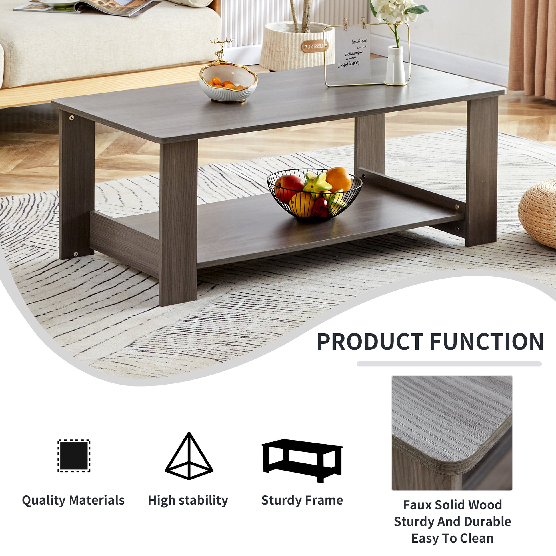 A Modern And Practical Gray Textured Coffee Table,Tea Table.Double Layered Coffee Table Made Of Mdf Material,. Suitable For Living Room,Bedroom And Study Room. 43.3"*21.6"*16.5"Ct 16 Grey Mdf