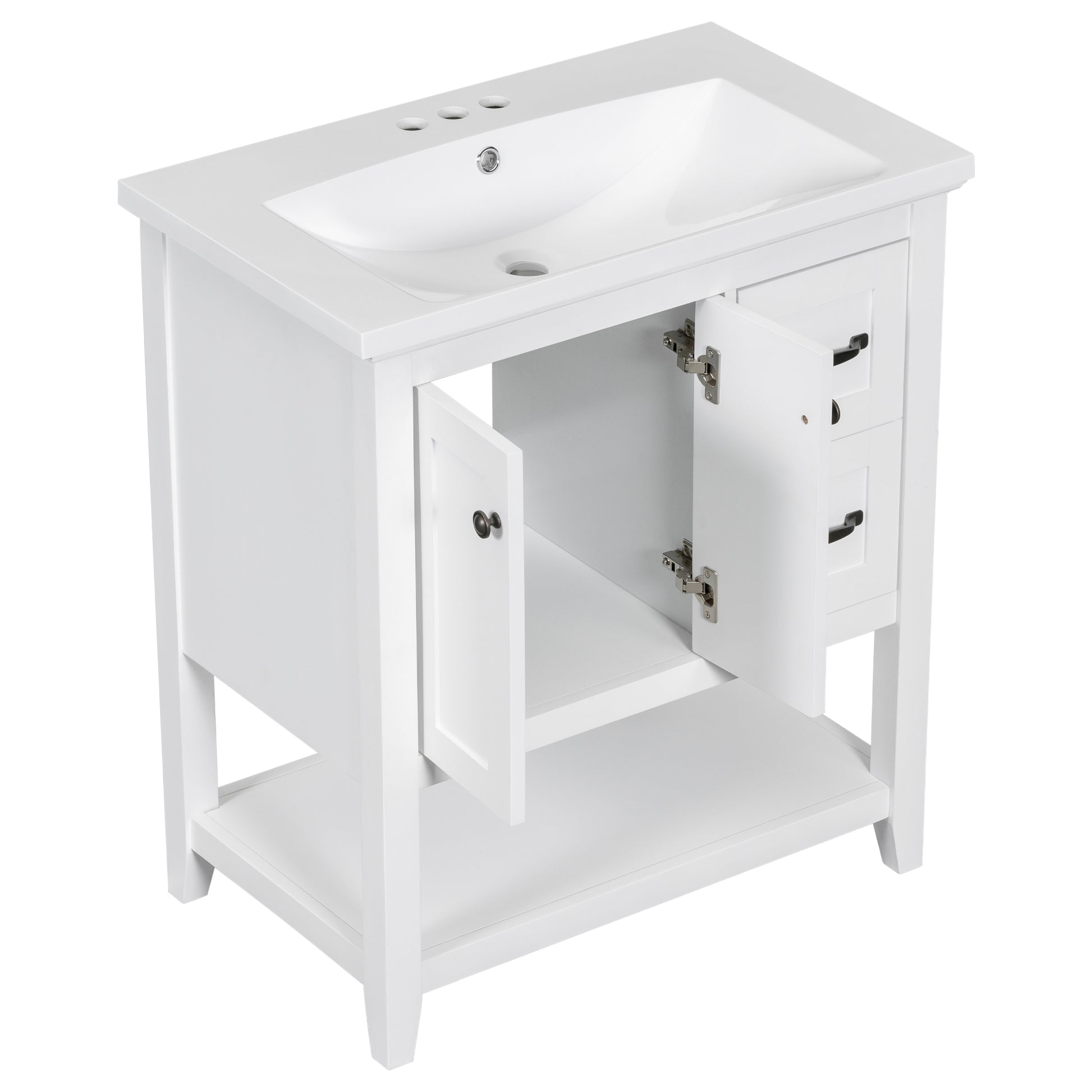 30" Bathroom Vanity With Ceramic Sink Top, Vanity Cabinet With Multi Functional Drawer, Solid Wood Legs, White White Solid Wood Mdf