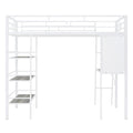 Twin Size Loft Metal Bed With 3 Layers Of Shelves And Desk, Stylish Metal Frame Bed With Whiteboard, White White Metal