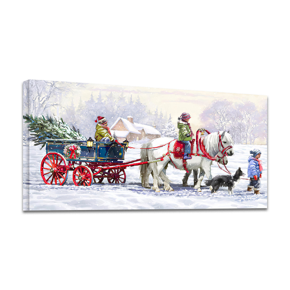 Framed Canvas Wall Art Decor Painting For Chrismas, Kids Riding White Horse Sledge Chrismas Gift Painting For Chrismas Gift, Decoration For Chrismas Eve Office Living Room, Bedroom Decor Ready To Hang Rectangle Framed Multicolor Christmas Medium 25In