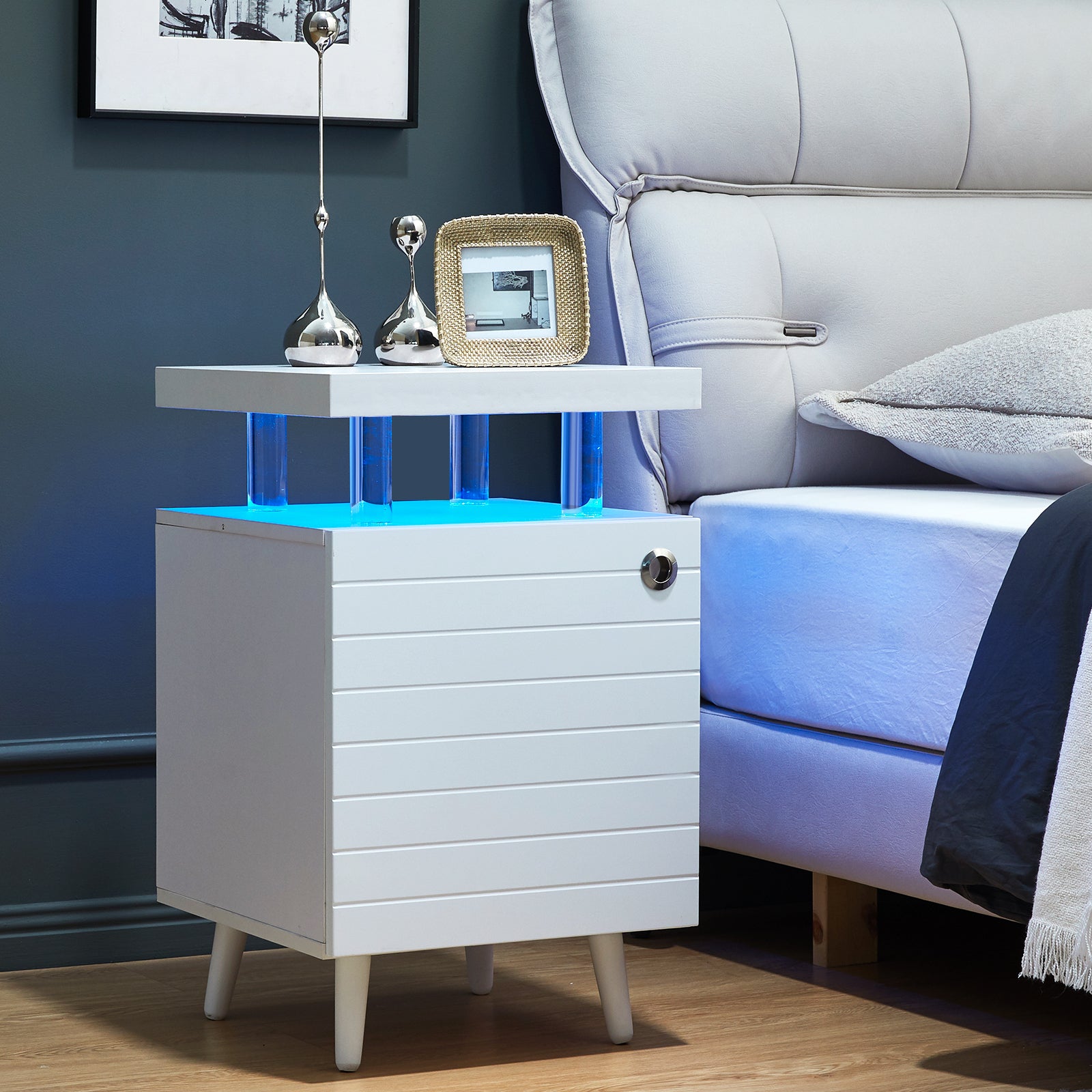 Led Nightstand Led Bedside Table End Tables Living Room With 4 Acrylic Columns, Bedside Table With Drawers For Bedroom White White White 2 Drawers Bedroom With Legs American Design,American Traditional,Casual,Classic,Modern Oak Storage Walnut Acrylic