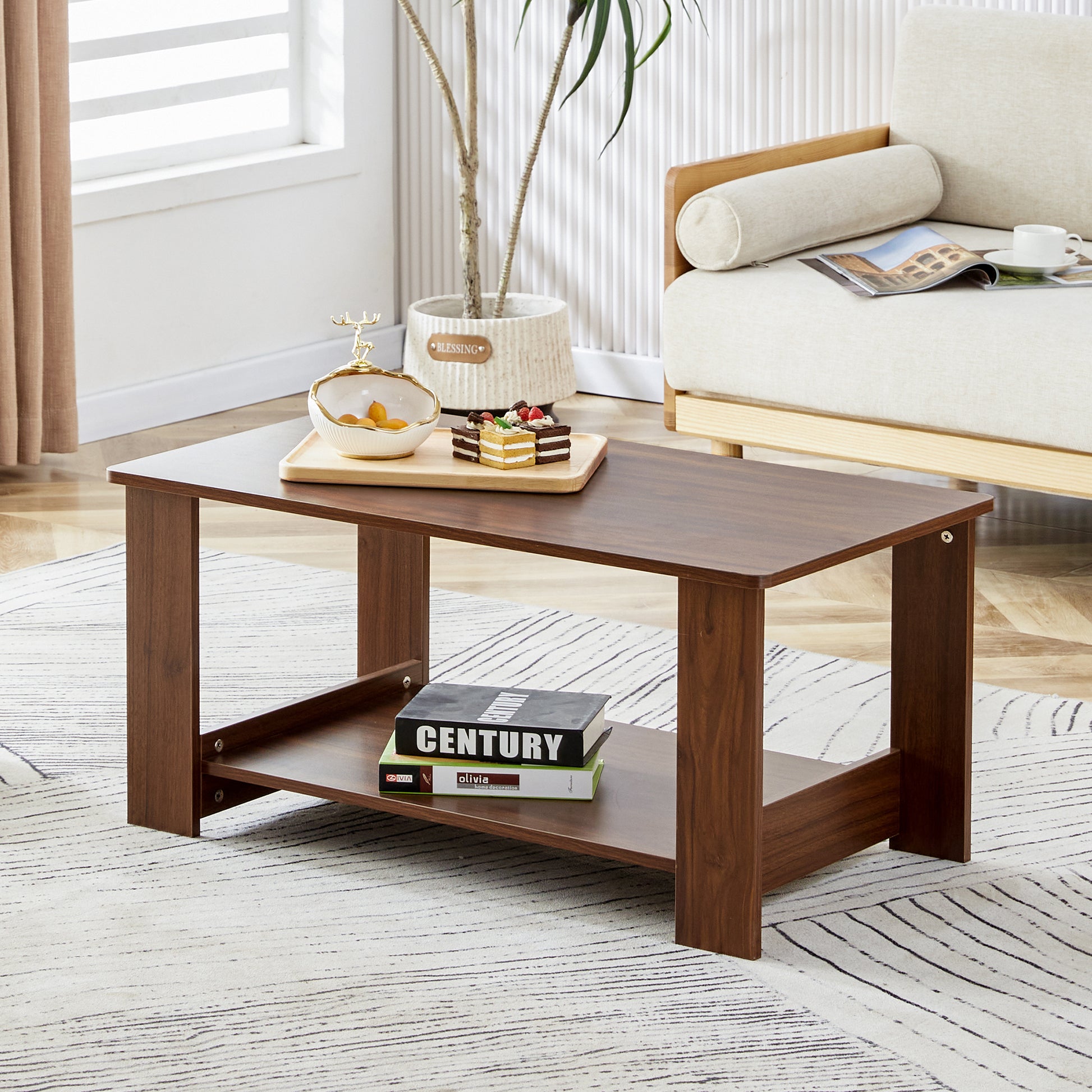 Modern Minimalist Walnut Colored Double Layered Rectangular Coffee Table ,Tea Table.Mdf Material Is More Durable,Suitable For Living Room, Bedroom, And Study Room.19.6"*35.4"*16.5" Ct 16 Walnut Mdf