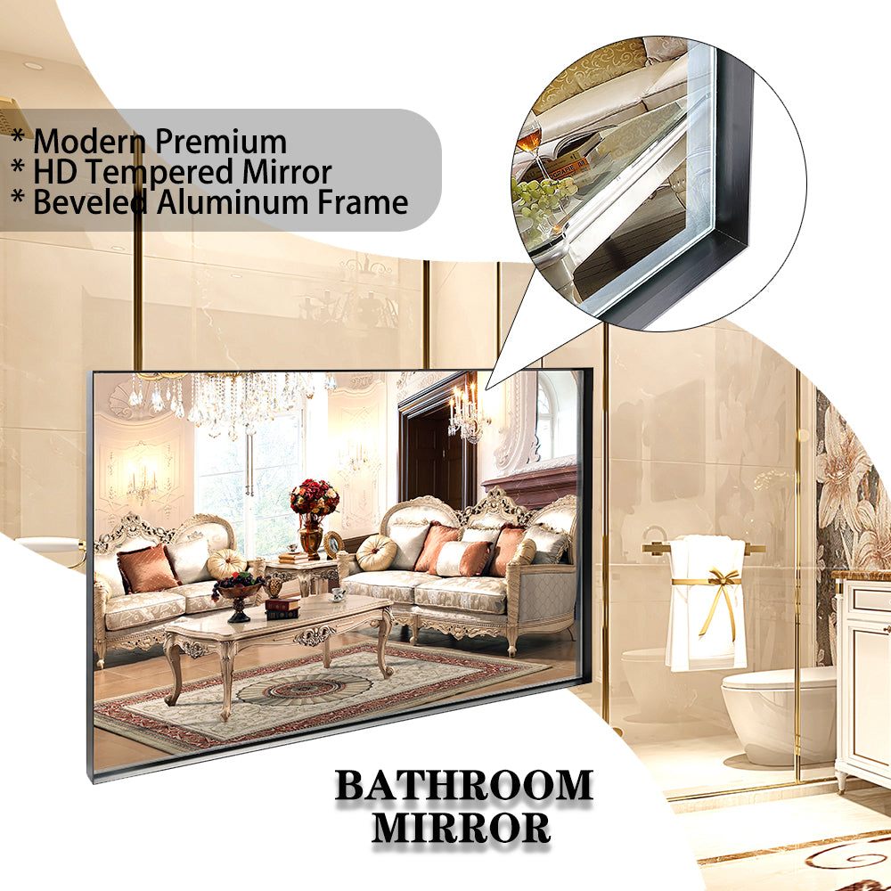 36X30Inch Glossy Black Bathroom Mirrors For Wall Rectangle Vanity Mirror Corner Hangs Farmhouse Mirror Modern Metal Framed Rectangular Mirror, Decorative Square Corner Mirror Horizontal & Vertical Black American Design Aluminum