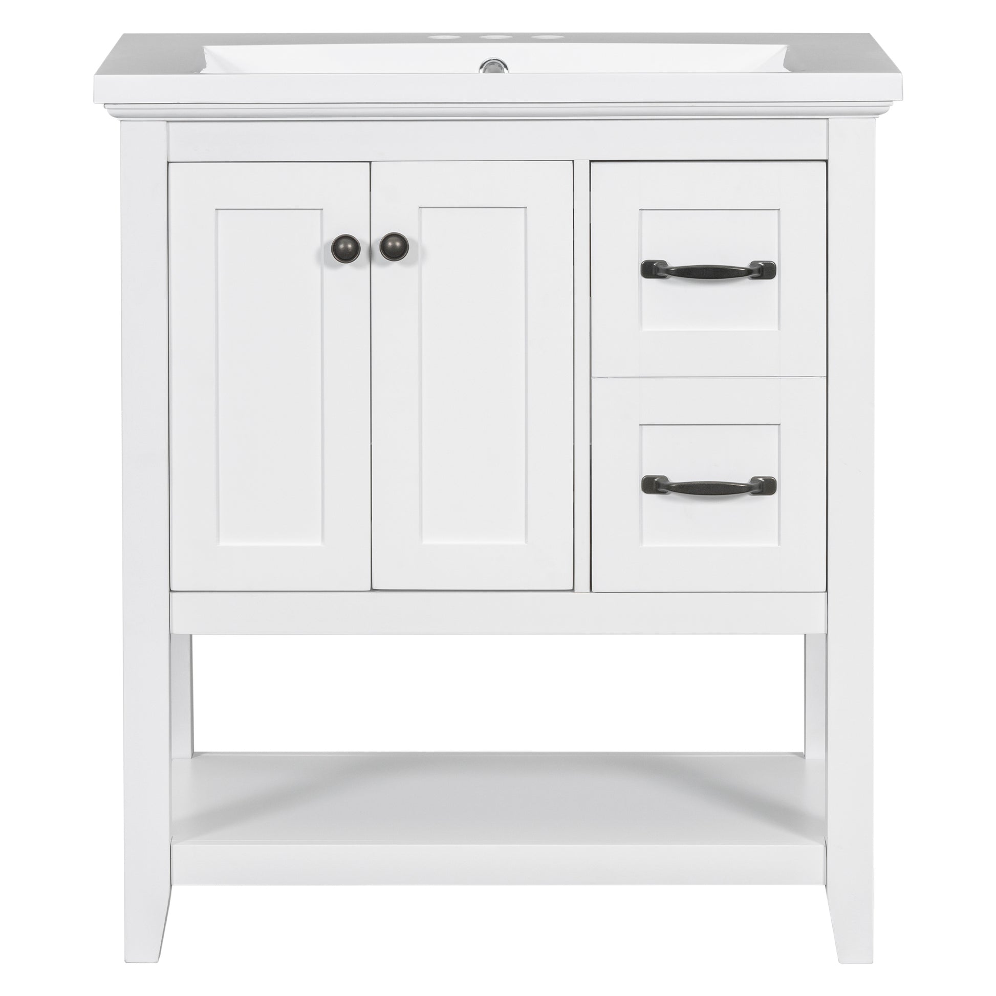 30" Bathroom Vanity With Ceramic Sink Top, Vanity Cabinet With Multi Functional Drawer, Solid Wood Legs, White White Solid Wood Mdf