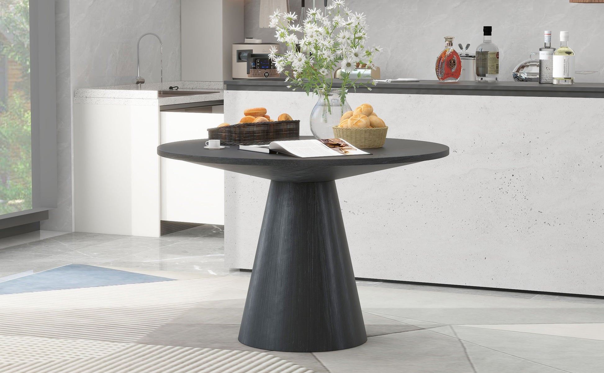 Retro Round Dining Table Minimalist Elegant Table for black-rubber wood