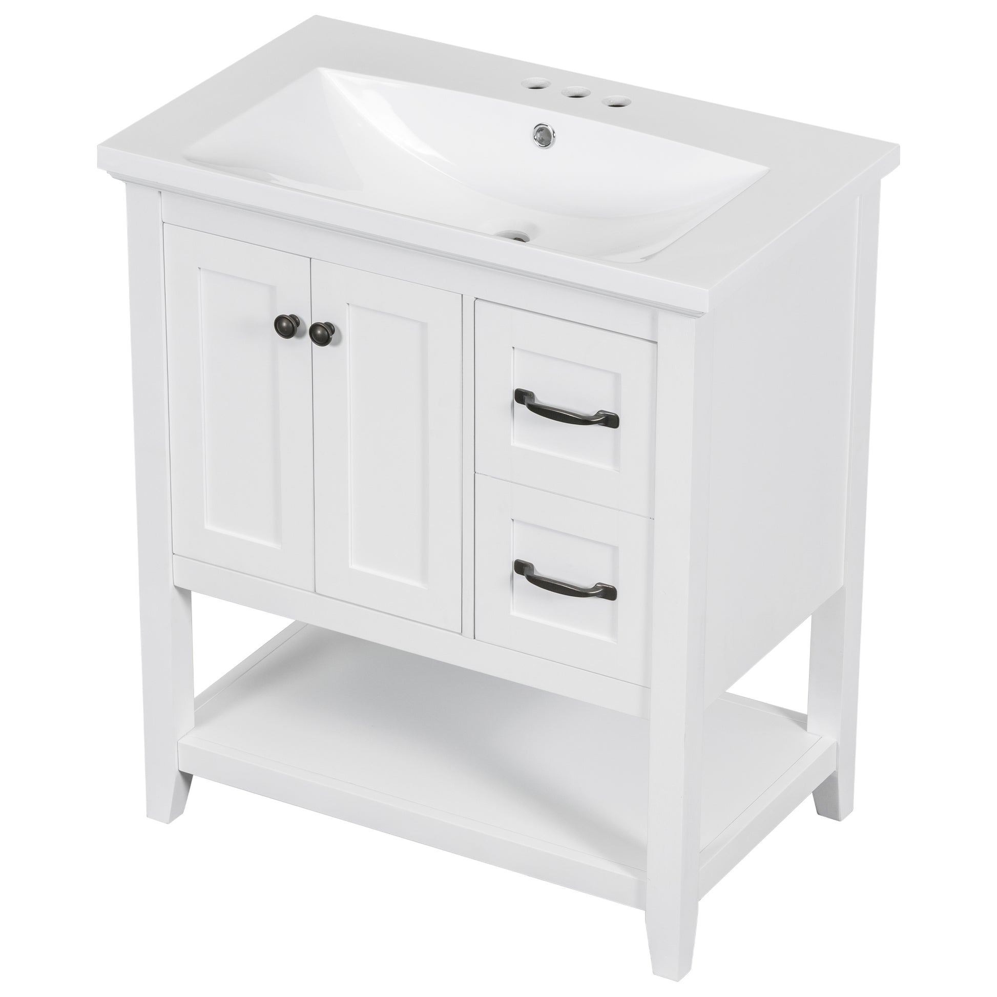 30" Bathroom Vanity With Ceramic Sink Top, Vanity Cabinet With Multi Functional Drawer, Solid Wood Legs, White White Solid Wood Mdf