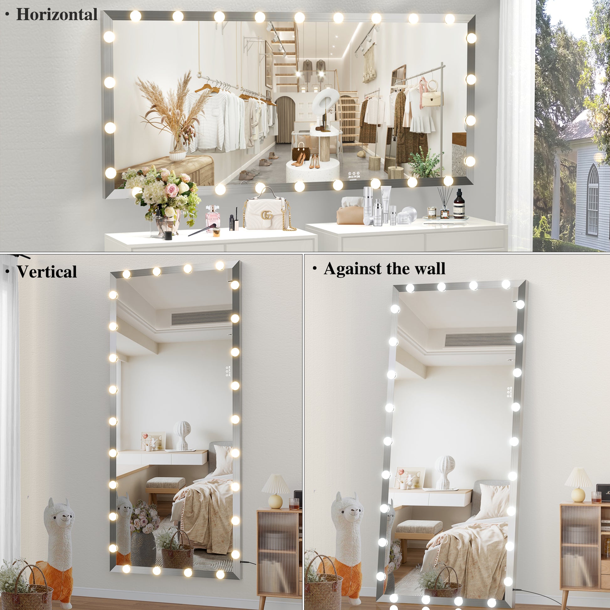 Hollywood Full Length Mirror With Lights Oversized Full Body Vanity Mirror With 3 Color Modes Lighted Large Standing Floor Mirror For Dressing Room Bedroom Hotel Touch Control,Silver,72X32 Inch Silver Aluminium