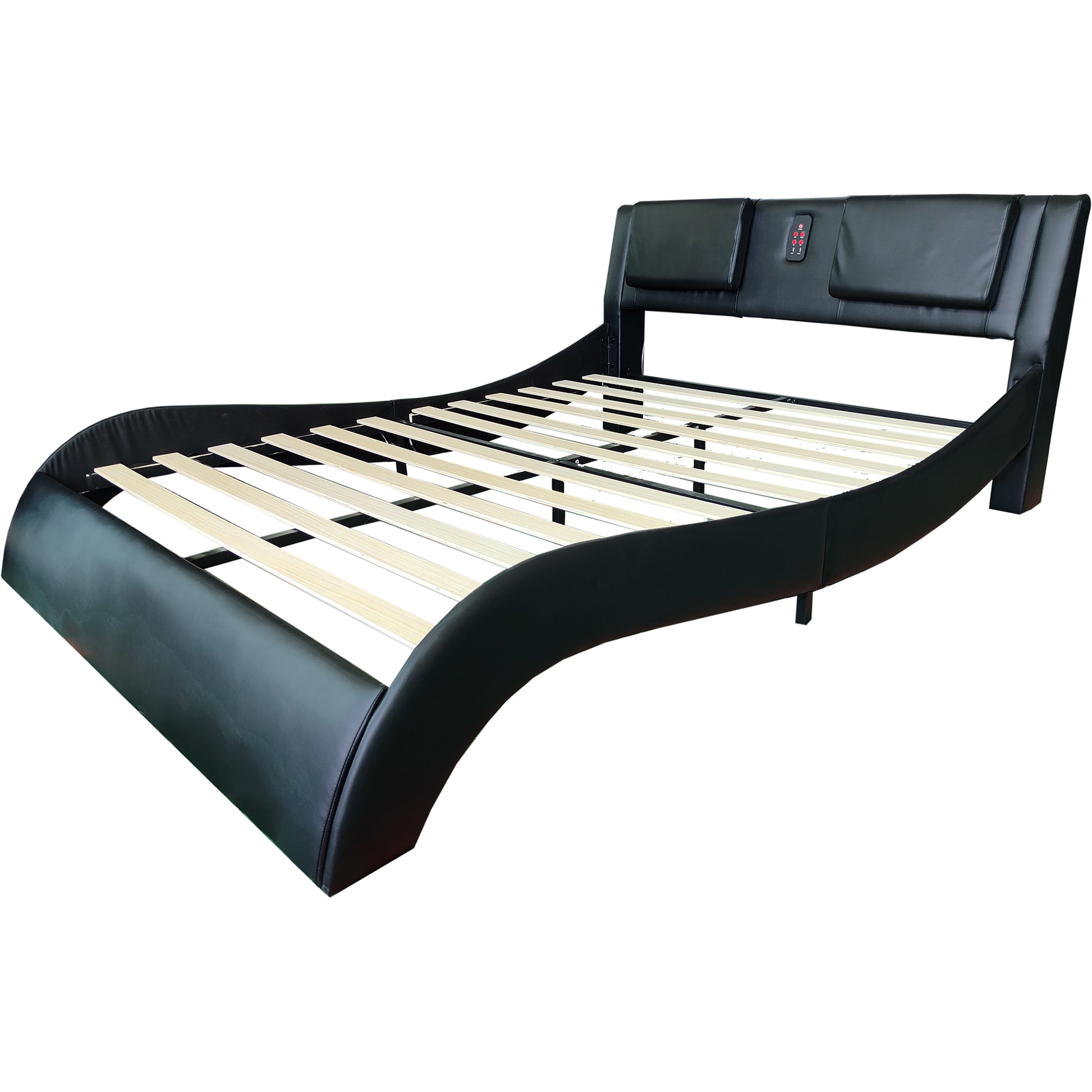 Faux Leather Upholstered Platform Bed Frame With Led Lighting, Bluetooth Connection To Play Music Control, Backrest Vibration Massage, Curve Design, Wood Slat Support, One Carton Package, Queen Queen Black Mdf