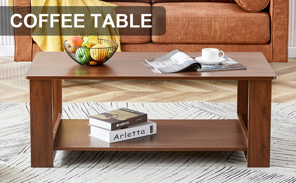 Modern And Practical Walnut Textured Coffee Tablestea Tables. The Double Layered Coffee Table Is Made Of Mdf Material. Suitable For Living Room 43.3"*21.6"*16.5" Ct 16 Walnut Mdf