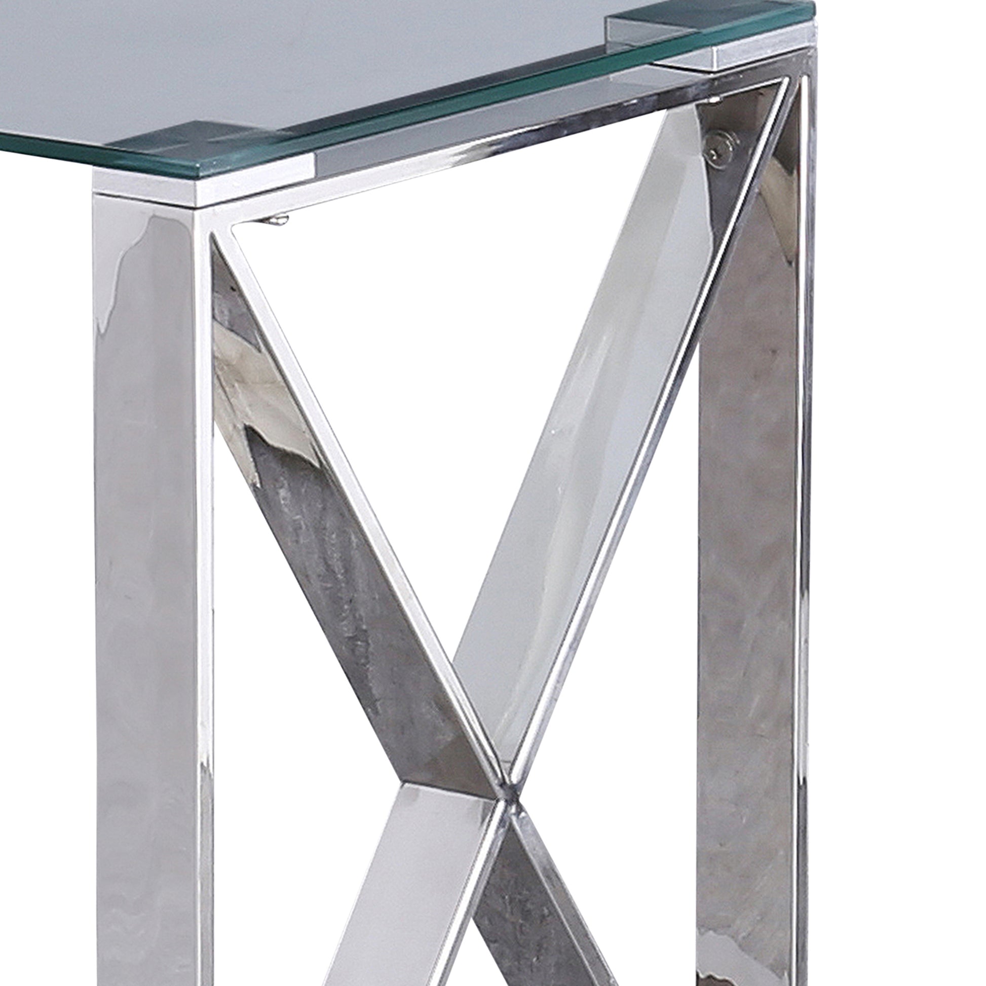 22 Inch Metal X Frame Glass Top Side Table, Silver Silver Metal