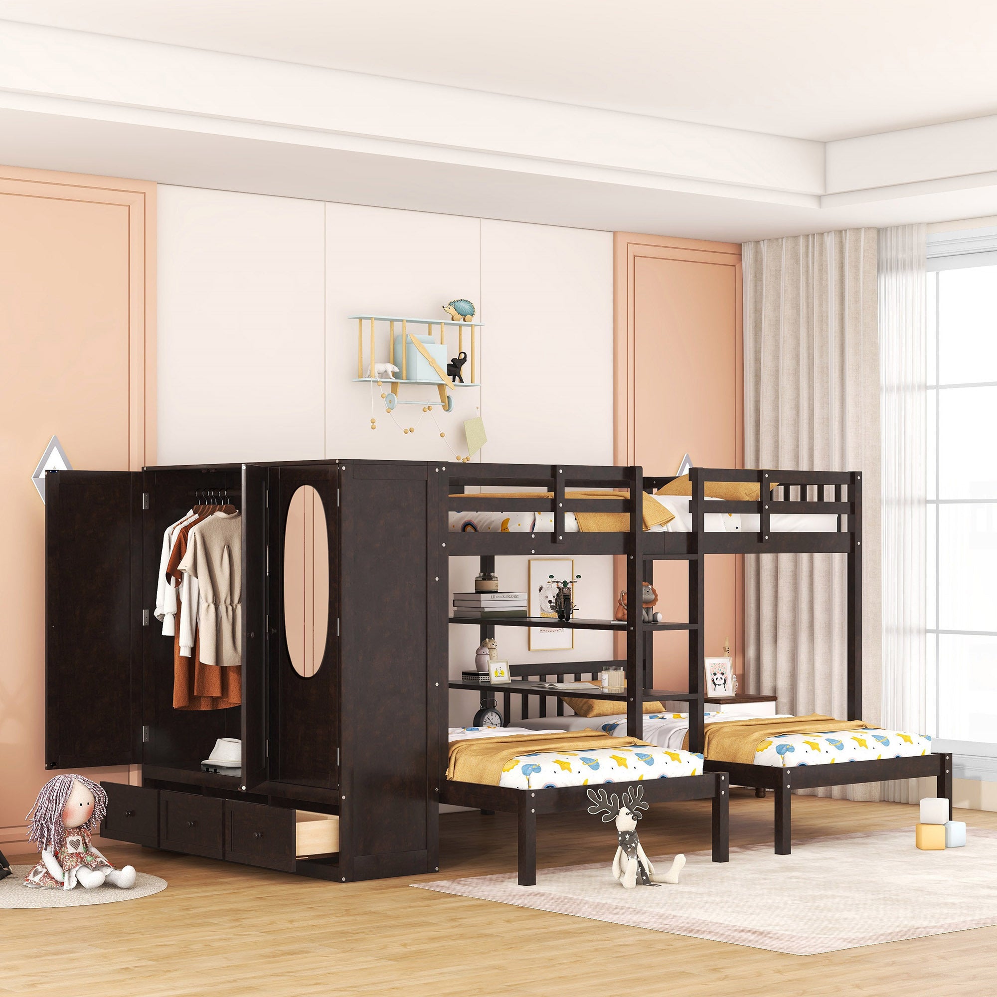 Full Over Twin Twin Bunk Bed With Shelves, Wardrobe And Mirror, Espresso Espresso Solid Wood Mdf