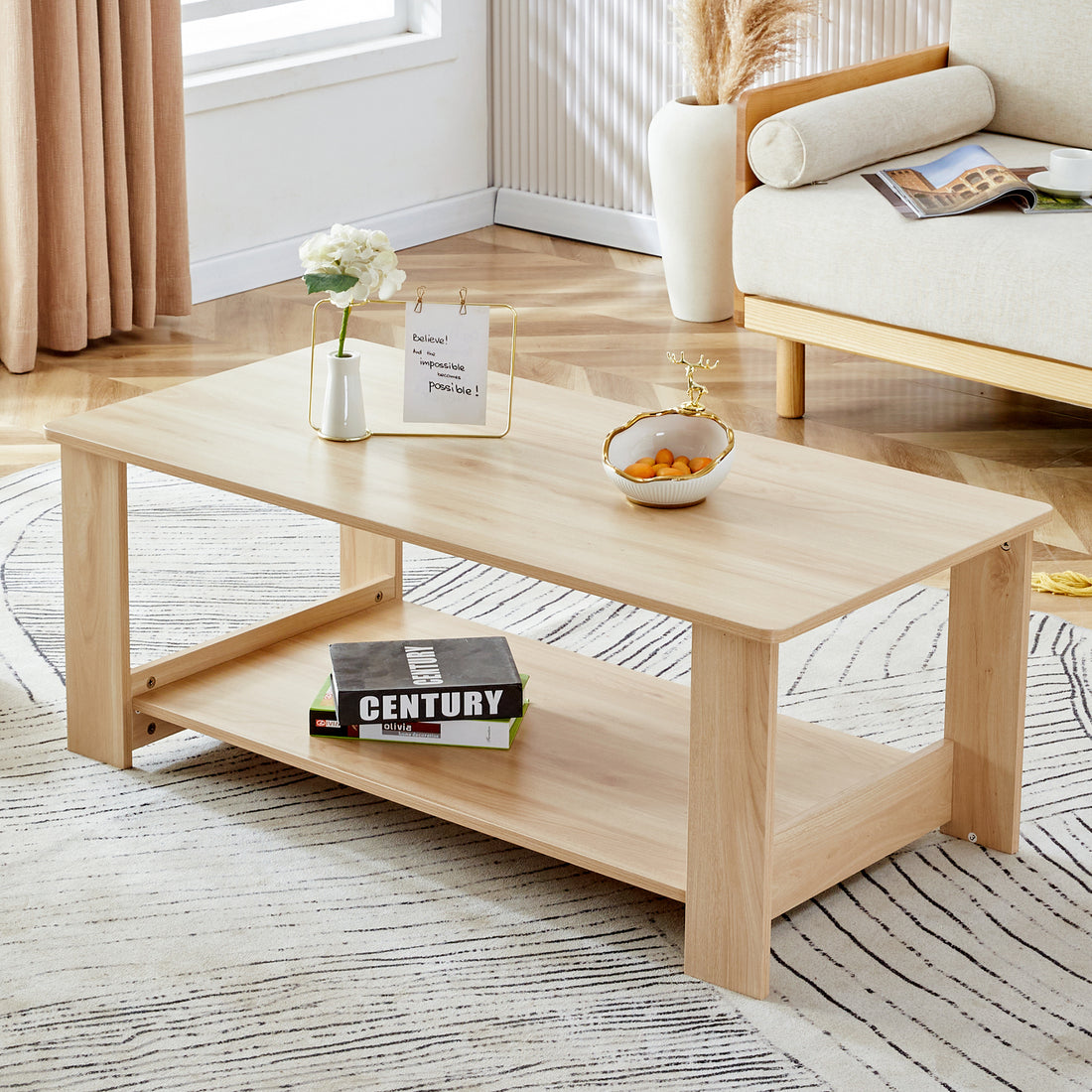 A Modern And Practical Log Colored Textured Coffee Table,Tea Table. The Double Layer Coffee Table Is Made Of Mdf Material. Suitable For Living Room 43.3"*21.6"*16.5" Natural Wood Mdf