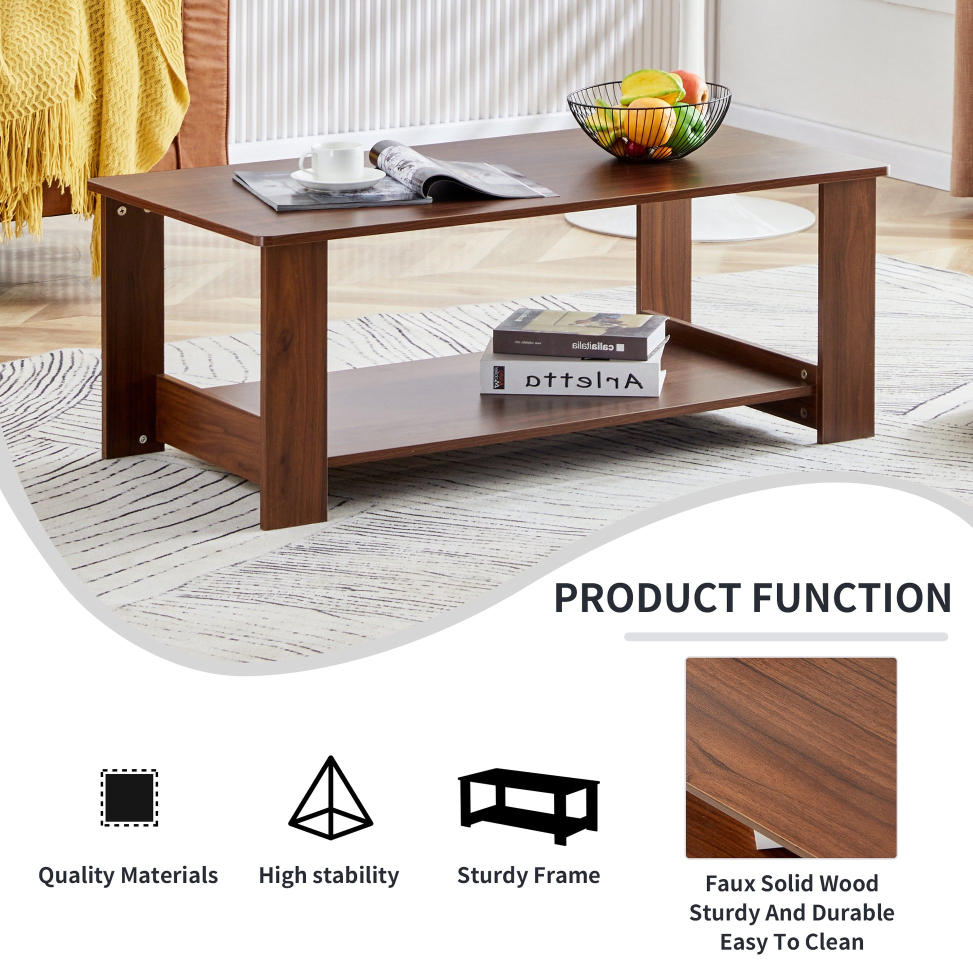 Modern And Practical Walnut Textured Coffee Tablestea Tables. The Double Layered Coffee Table Is Made Of Mdf Material. Suitable For Living Room 43.3"*21.6"*16.5" Ct 16 Walnut Mdf